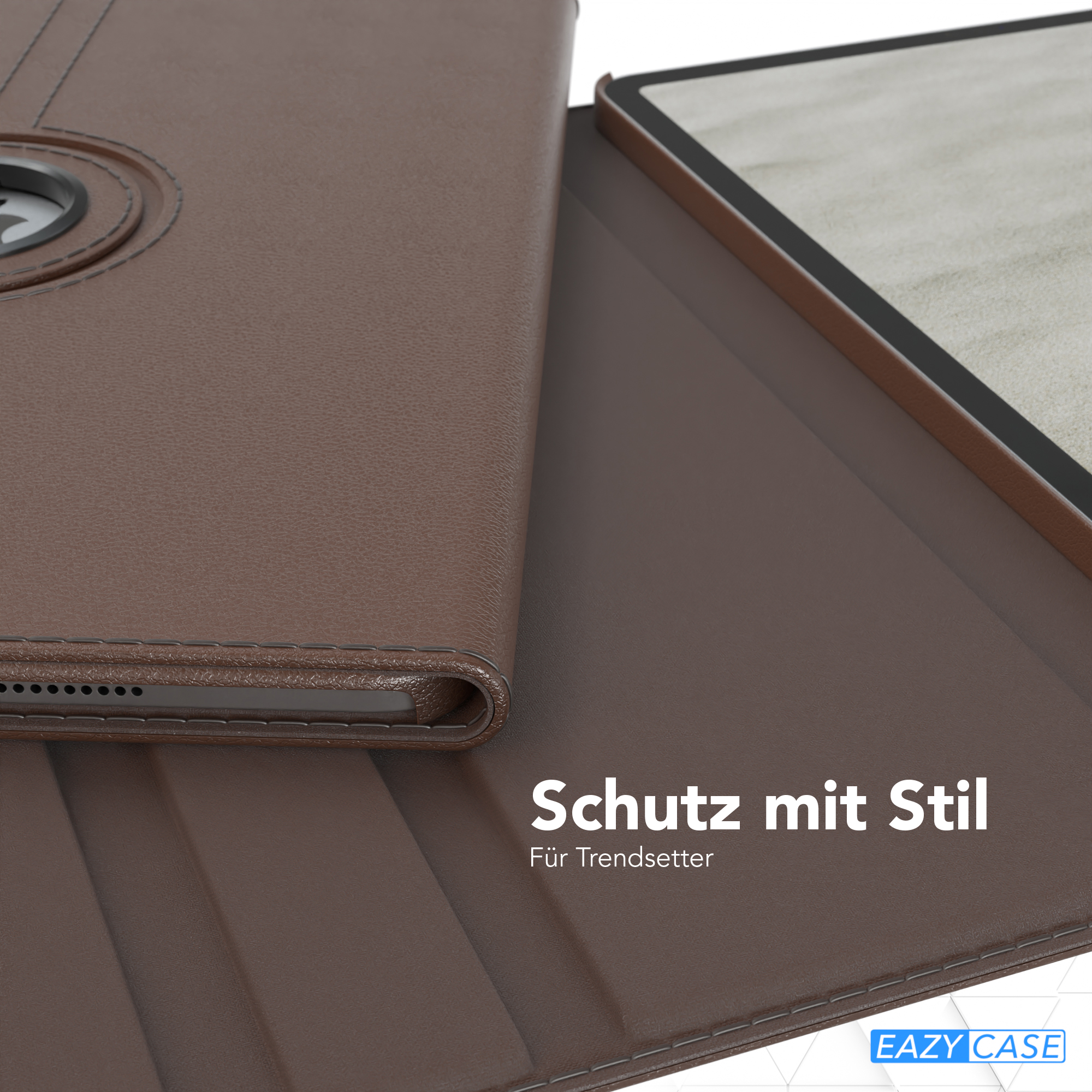 Braune Leder-Tablethülle mit Drehmechanismus. Text auf dem Cover: Schutz mit Stil.