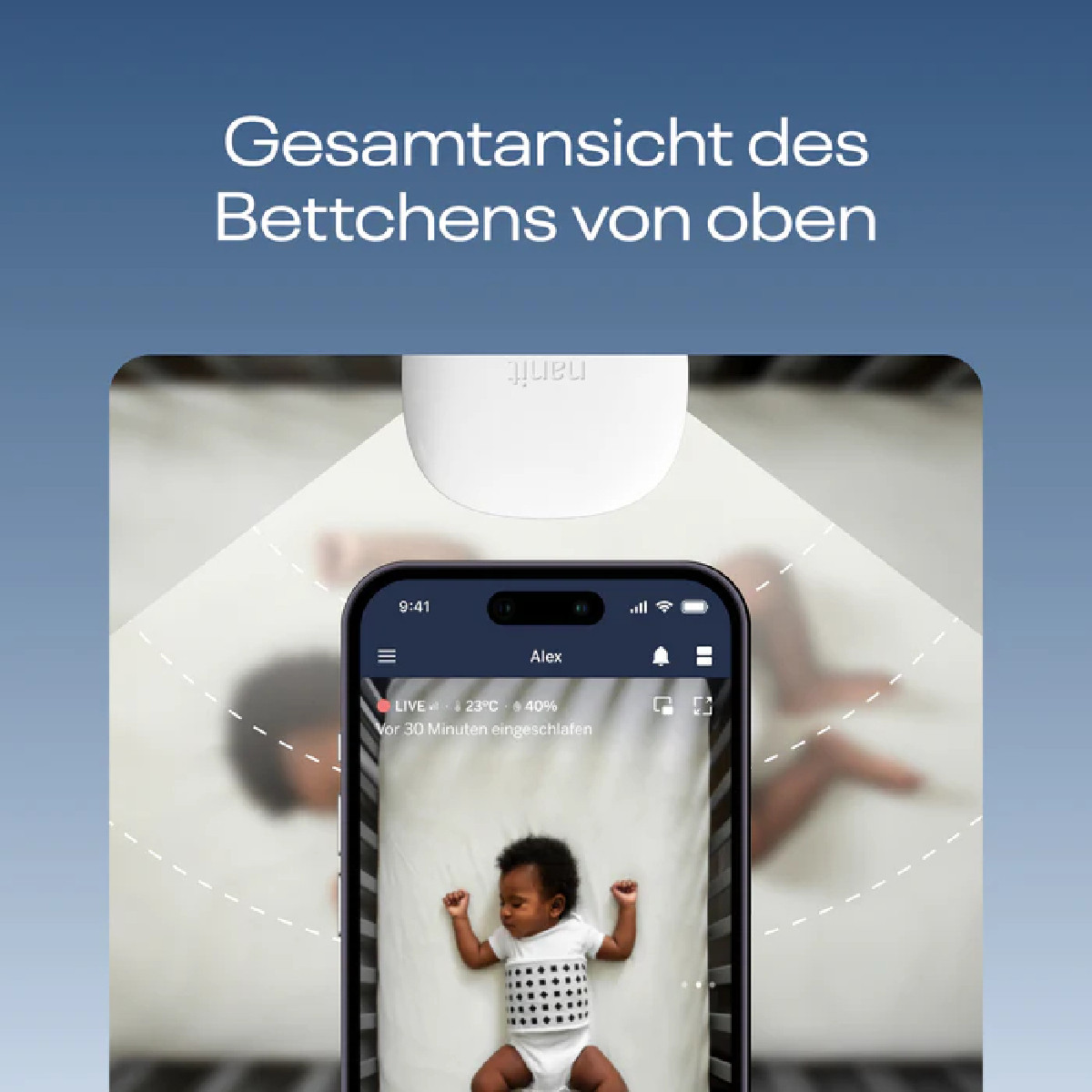 Ein Baby in einem Kinderbett wird auf einem Smartphone-Bildschirm überwacht.