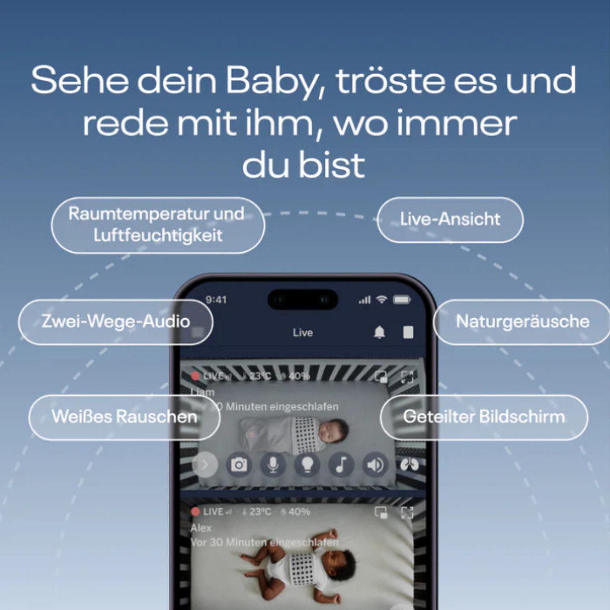 Ein Smartphone zeigt zwei Babyvideos. Auf dem Bildschirm werden mehrere Funktionen angezeigt.