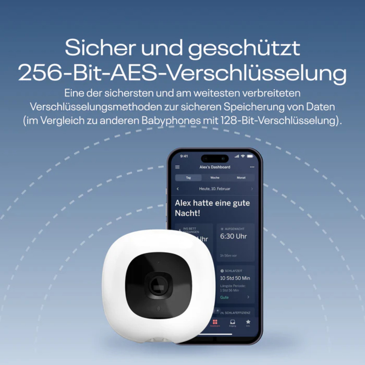 Weiß-schwarzer Babyphone, Telefonbildschirm mit Daten, Text über Sicherheit.