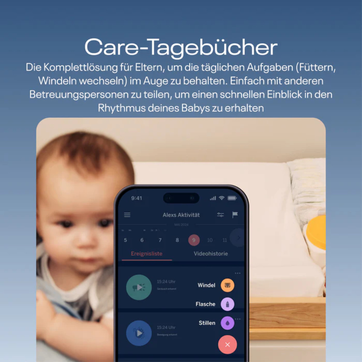 Babyüberwachungs-App auf einem Telefon. Ein Baby ist im Hintergrund. Text oben. Weißer und blauer Hintergrund.