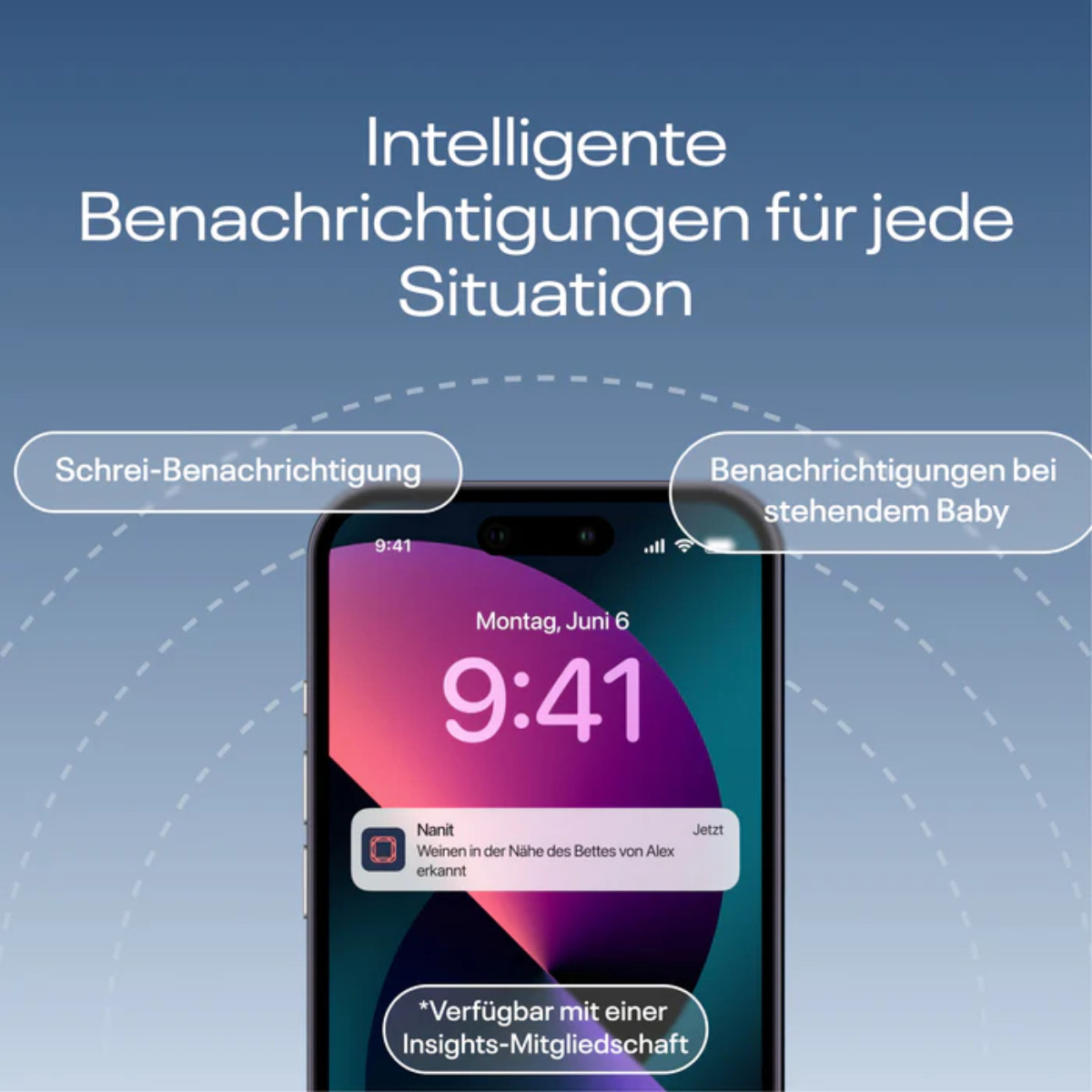 Ein Telefonbildschirm, der eine Benachrichtigung anzeigt. Text auf Deutsch, mit rosa-lila Farbverlauf.