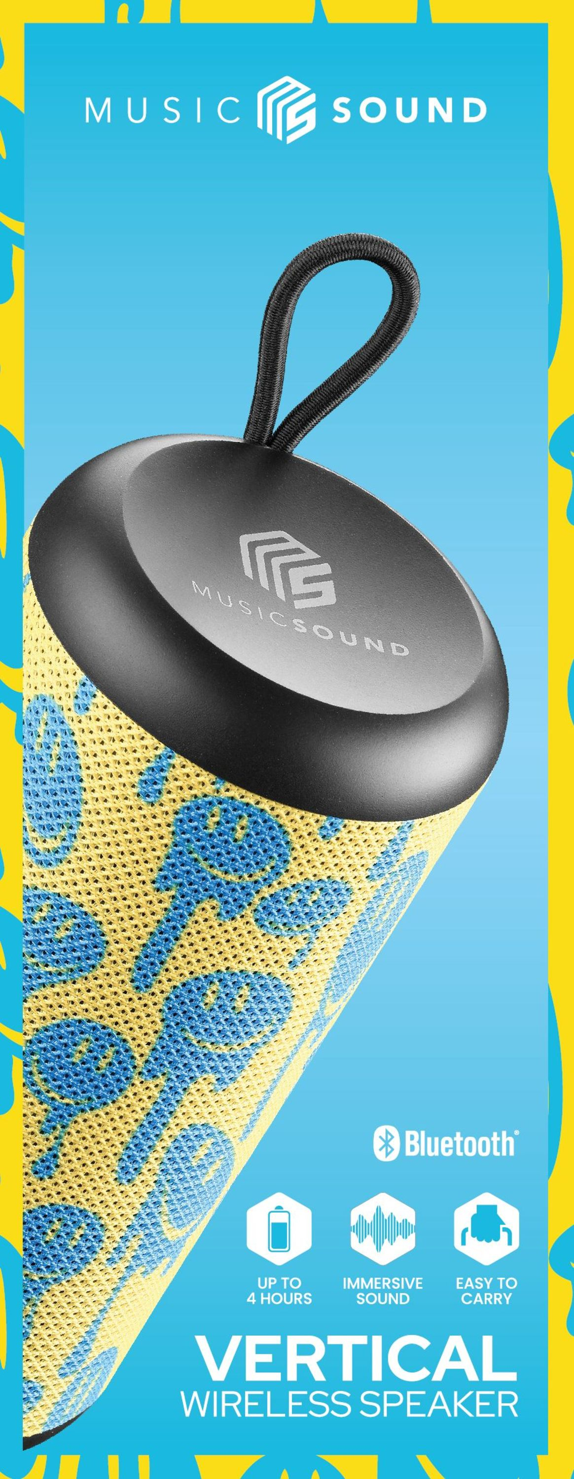 Pionowy głośnik bezprzewodowy w kolorze żółtym z niebieskimi wzorami. Czarny wierzch i uchwyt.
