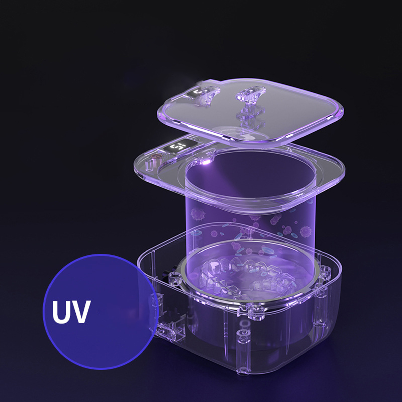 Ein UV-Sterilisator mit offenem Deckel, der das Innere zeigt. Dunkler Hintergrund.