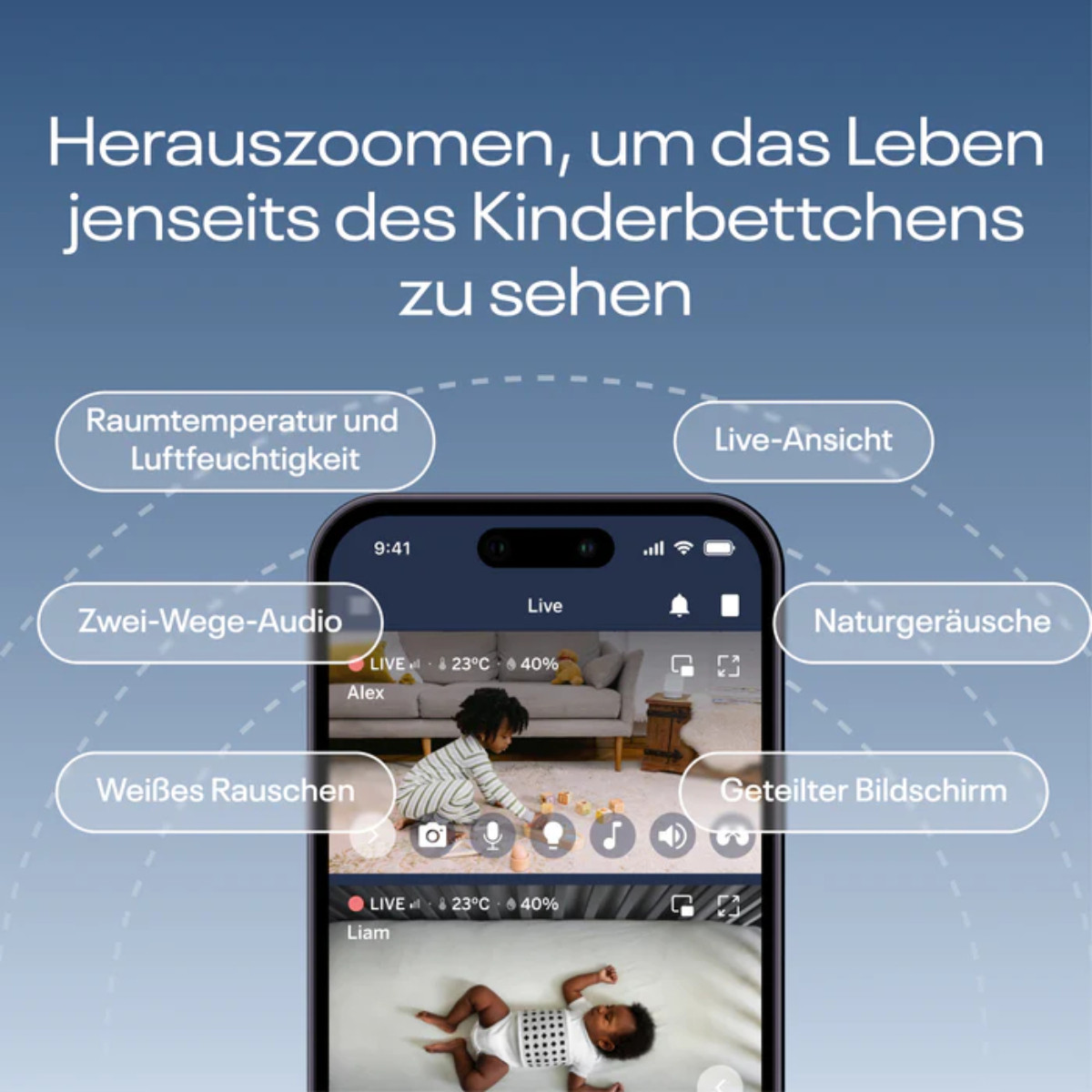 Smartphone-Bildschirm zeigt Live-Ansicht von zwei Babys, mit Raumtemperatur und Tonsteuerung.
