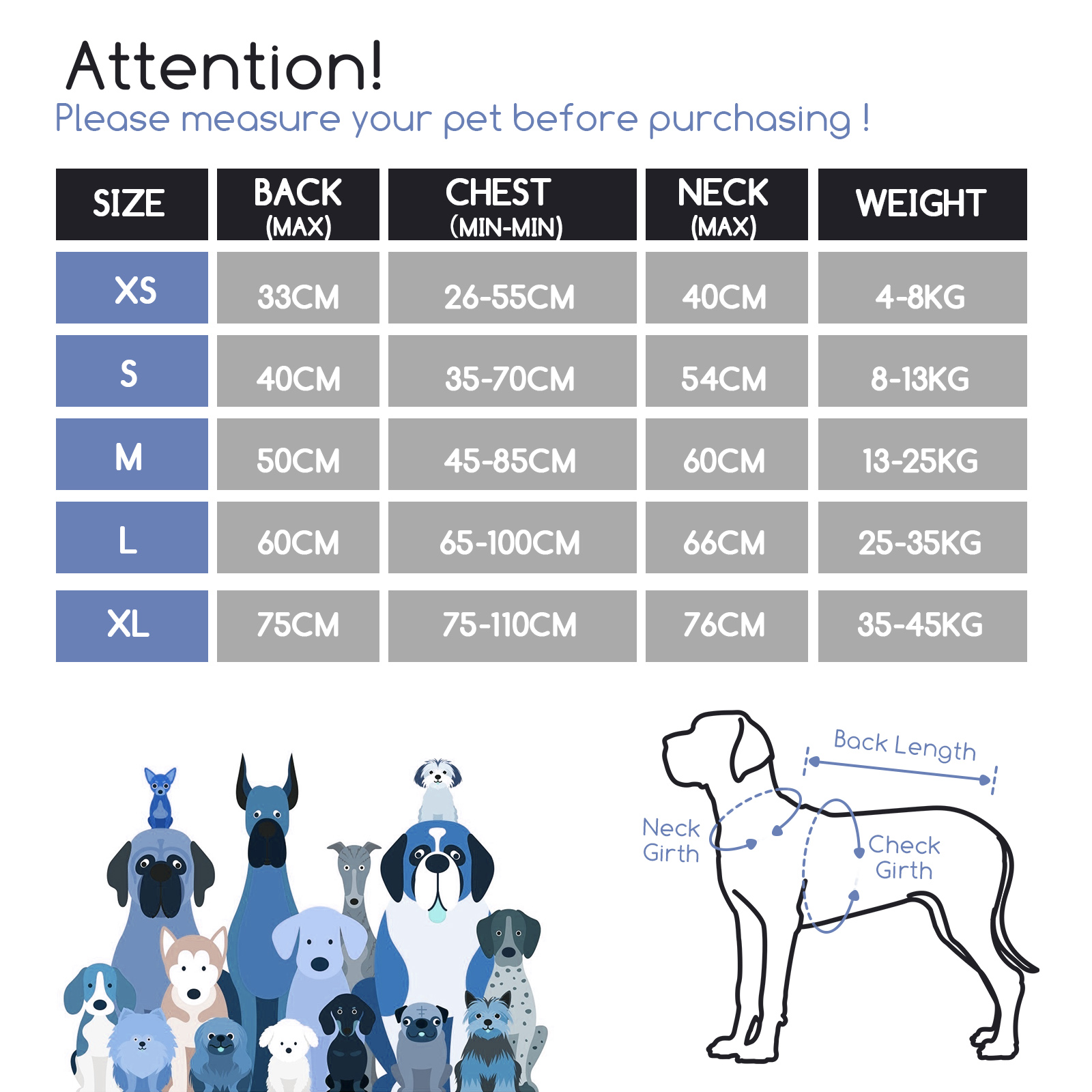 Tabla de tallas para mascotas con ilustraciones de perros. Enumera tallas, largo de espalda y medidas de pecho.