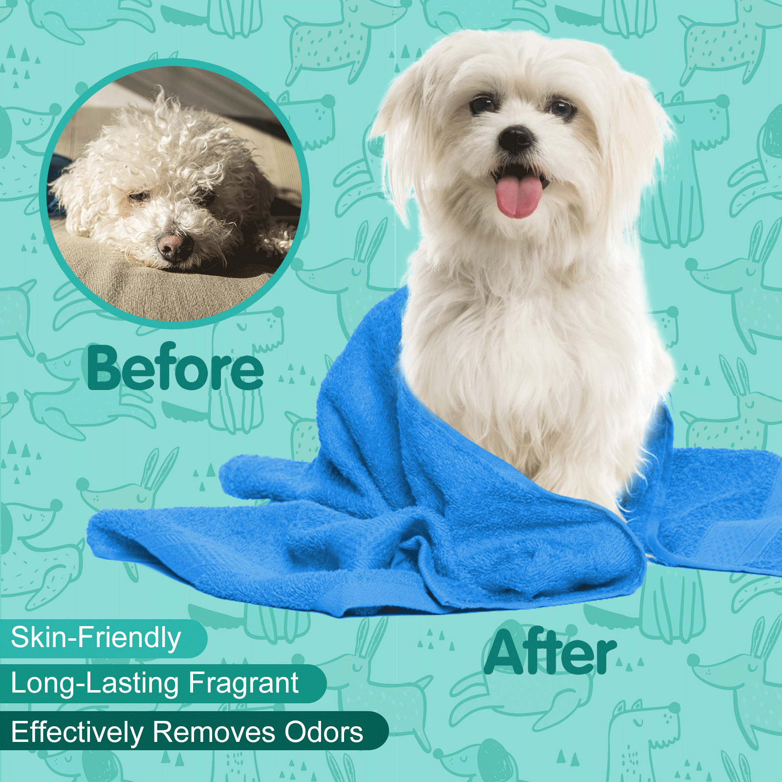 Imágenes de antes y después de un perro blanco. Se está secando con una toalla azul. Hay texto.