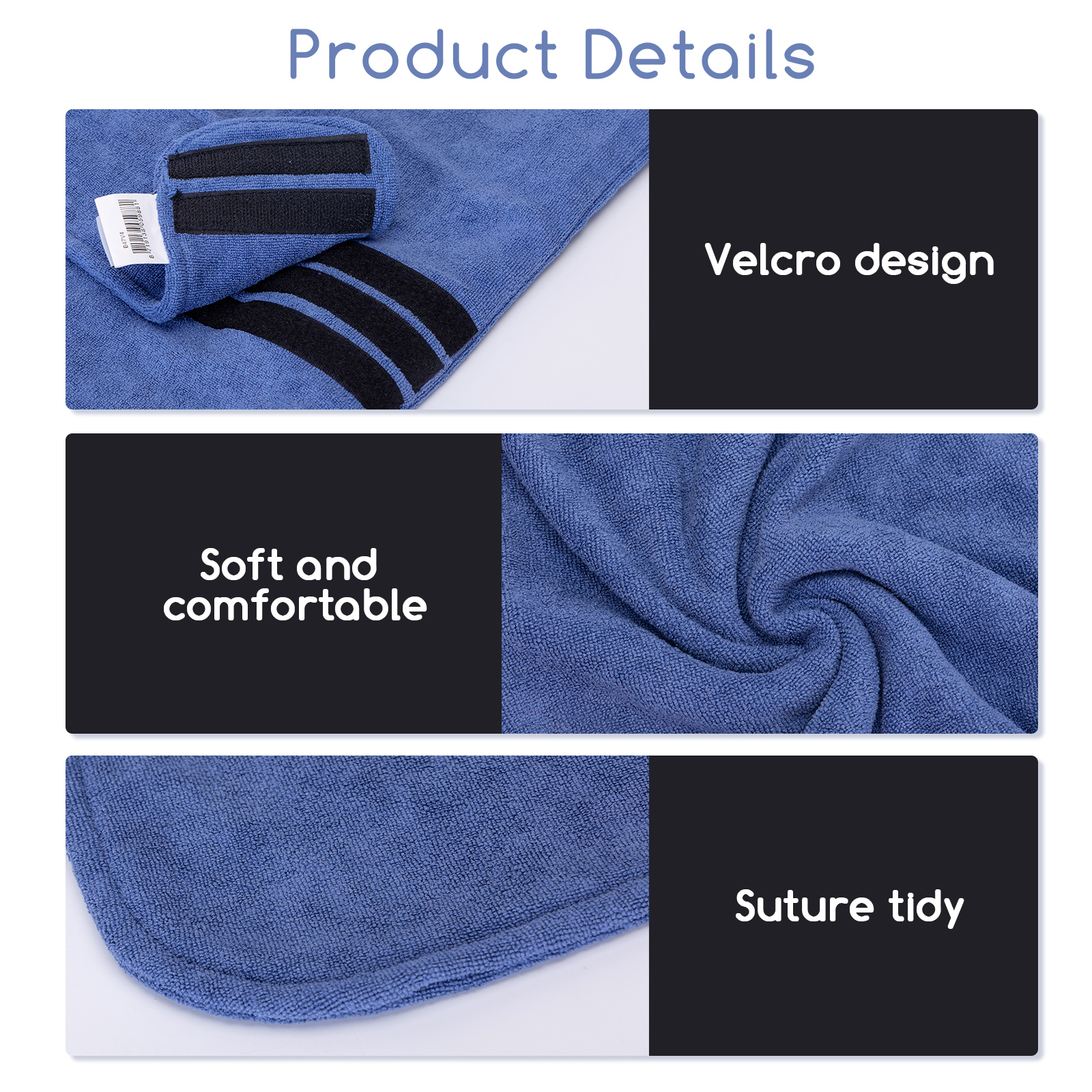 Primeros planos de detalles del producto. Muestra una toalla azul con velcro, suavidad y bordes cosidos cuidadosamente.
