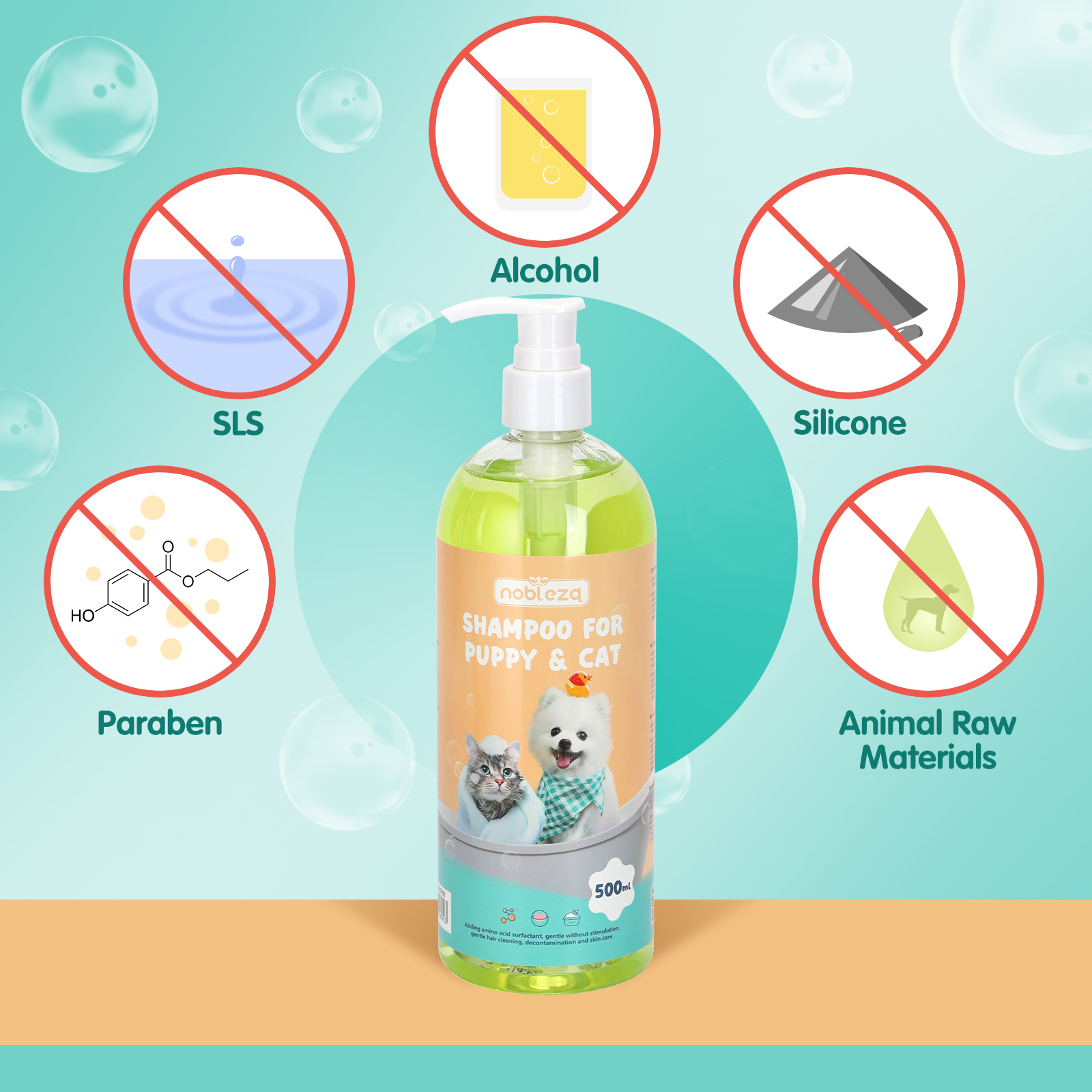 Botella de champú para mascotas verde y blanco con iconos que indican sin alcohol, SLS, silicona, etc.