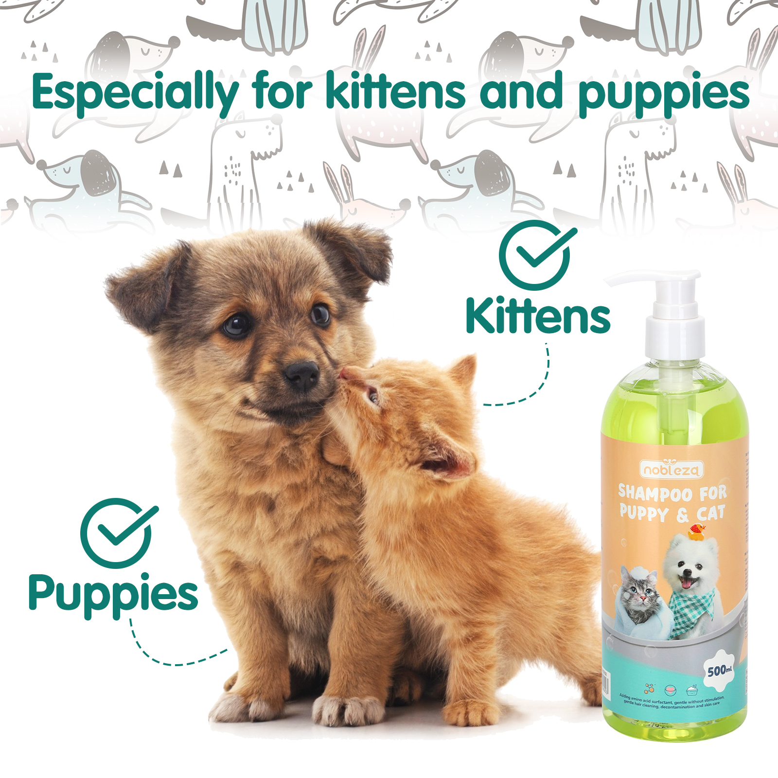 Cachorro y gatito con botella de champú, texto 'Especialmente para cachorros y gatitos'.