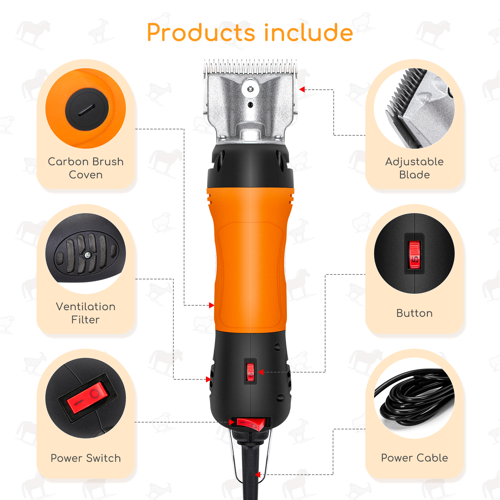 Diagrama que muestra las partes de una herramienta de aseo para mascotas naranja y negra, incluye cepillo y cable.