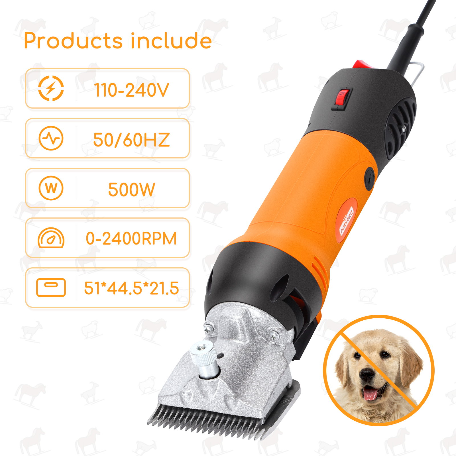 Cortapelos naranja y negro para mascotas con especificaciones, imagen de perro con señal de prohibido.