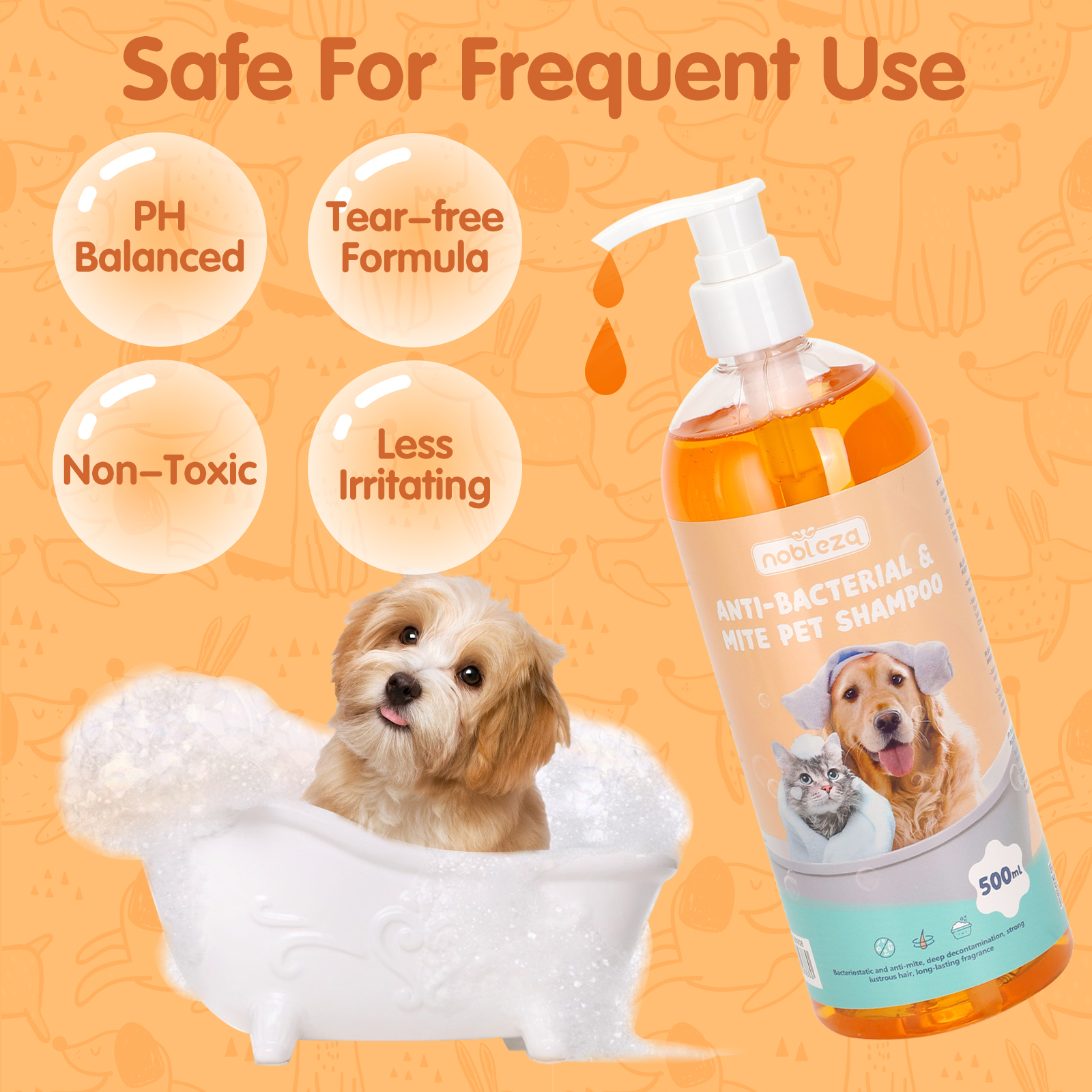 Perro en baño de burbujas con champú, texto: Anti-bacteriano y ácaros champú.
