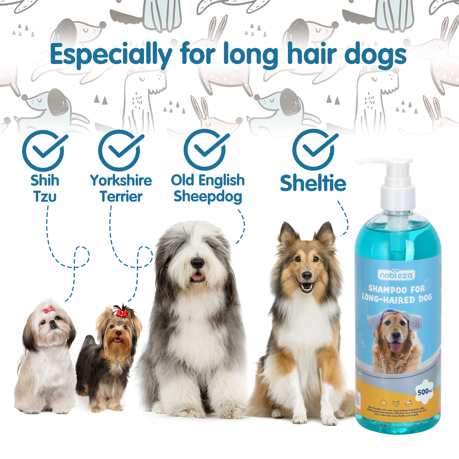 Botella de champú con perros en la etiqueta. Perros incluyen Shih Tzu, Yorkshire Terrier y Old English Sheepdog.