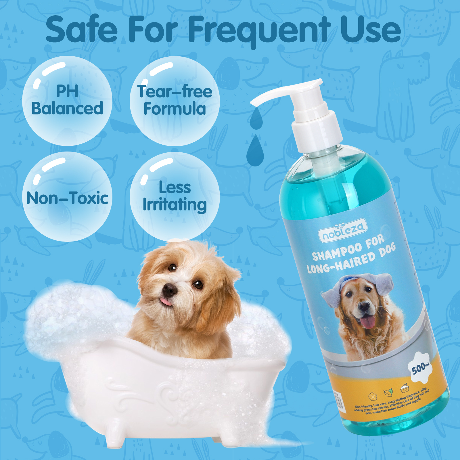 Botella de champú para perros con un perro pequeño en una bañera. Texto: 'Champú para perros de pelo largo' y burbujas.