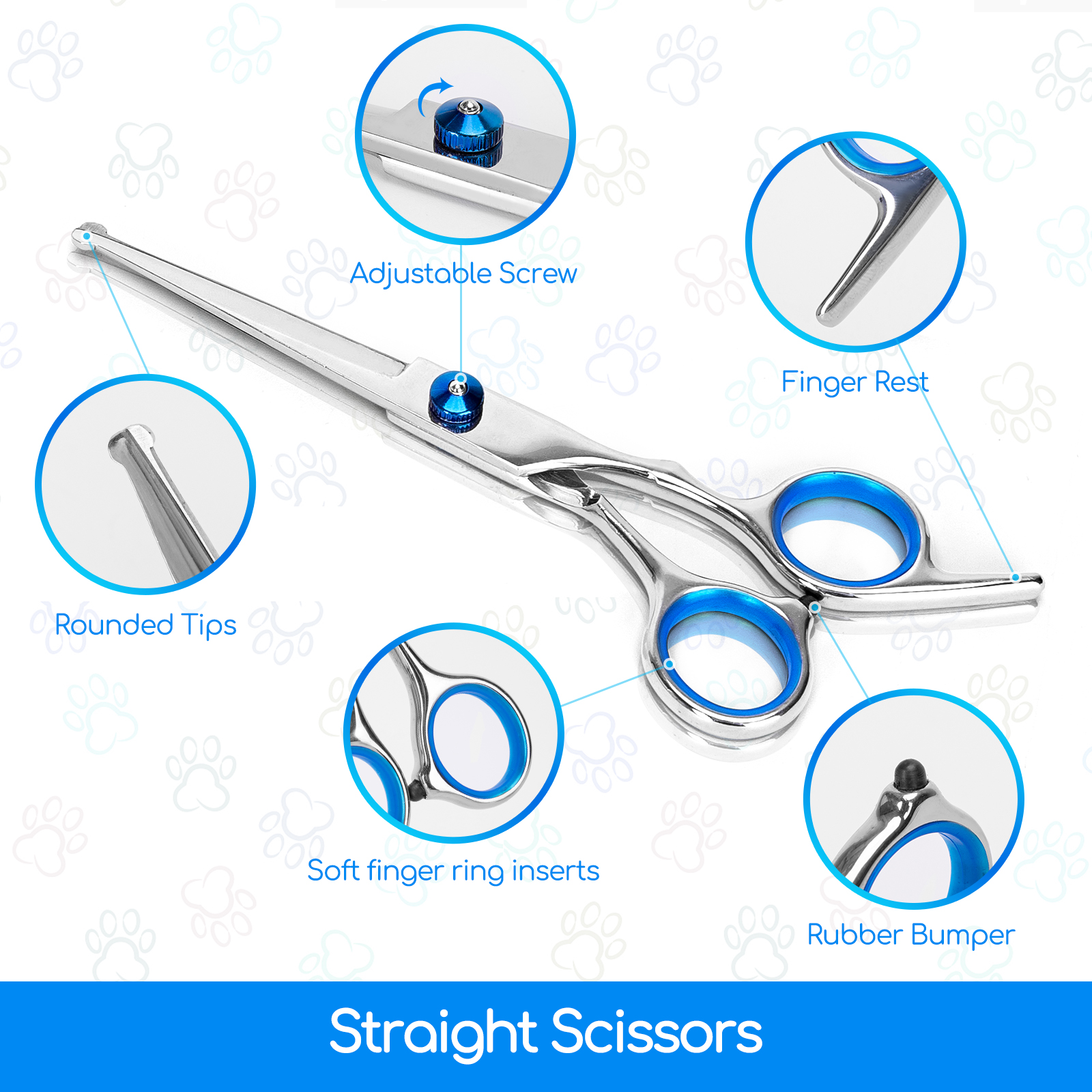 Tijeras plateadas con detalles azules. Las etiquetas indican tornillo ajustable, reposadedos, inserciones suaves y tope de goma.