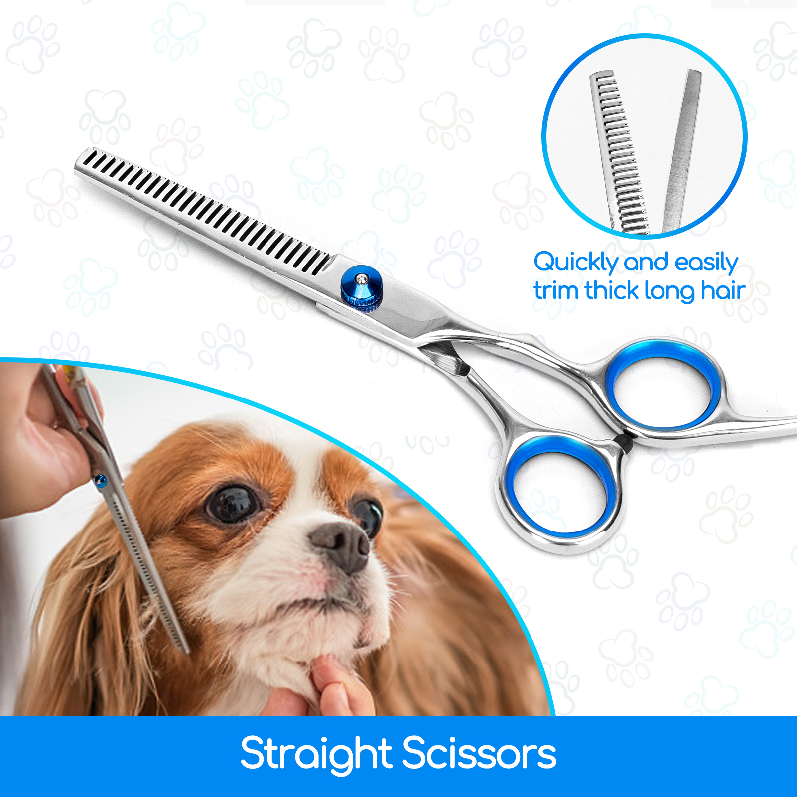 Tijeras rectas plateadas con orificios azules para los dedos, recortando el pelo de un perro, con un primer plano de las hojas.
