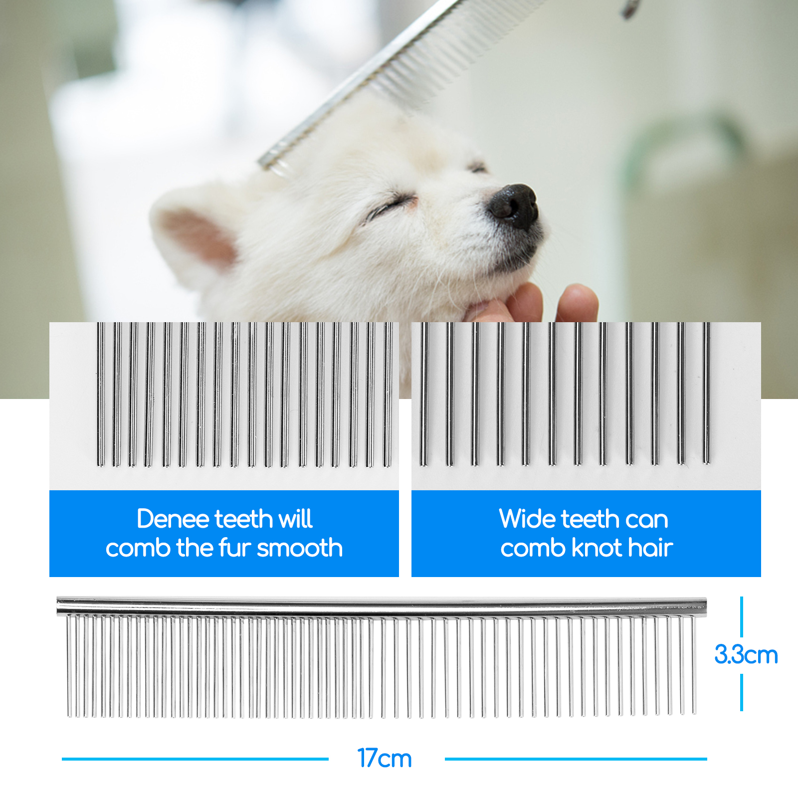 Un peine y un perro blanco siendo peinado. El texto indica la función de los dientes del peine.