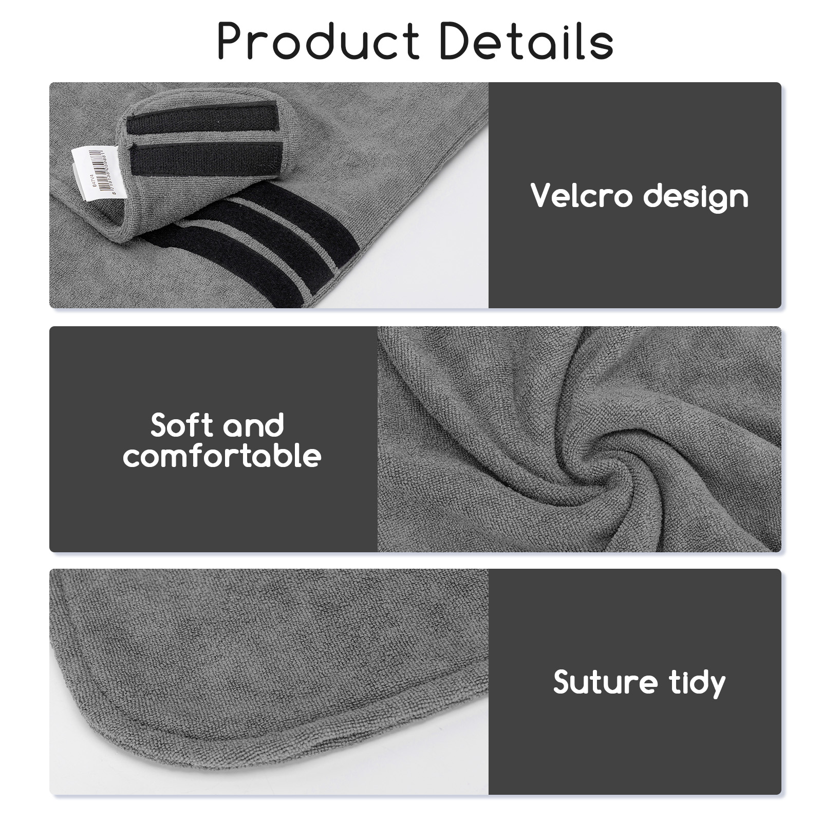 Imágenes de detalles del producto de una toalla gris. Muestran un cierre de velcro y un borde cosido.
