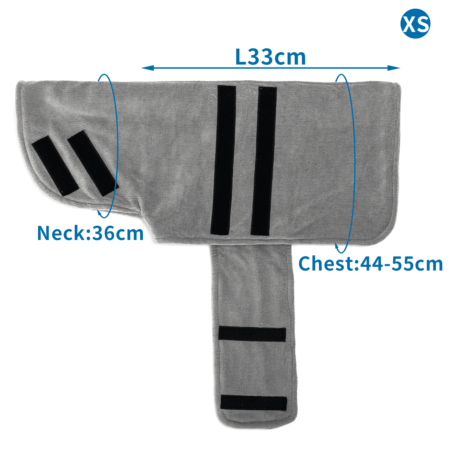 Abrigo gris para secar perros con medidas. Cuello: 36cm, Pecho: 44-55cm, L33cm.