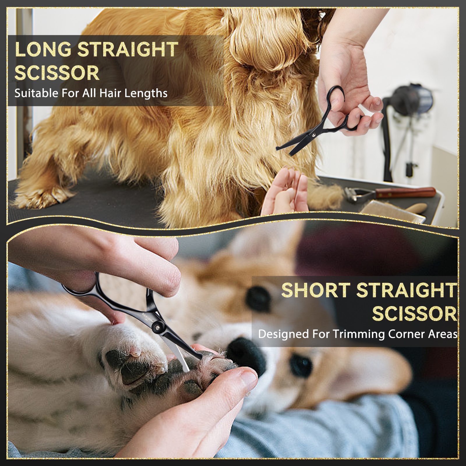 Dos imágenes con tijeras. Una para cabello largo y otra para cabello y patas cortas, con un perro en una mesa.