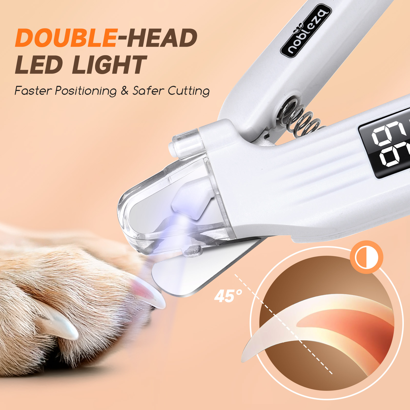 Cortauñas para mascotas con luz LED y pantalla digital. Uña cortada en ángulo de 45 grados.