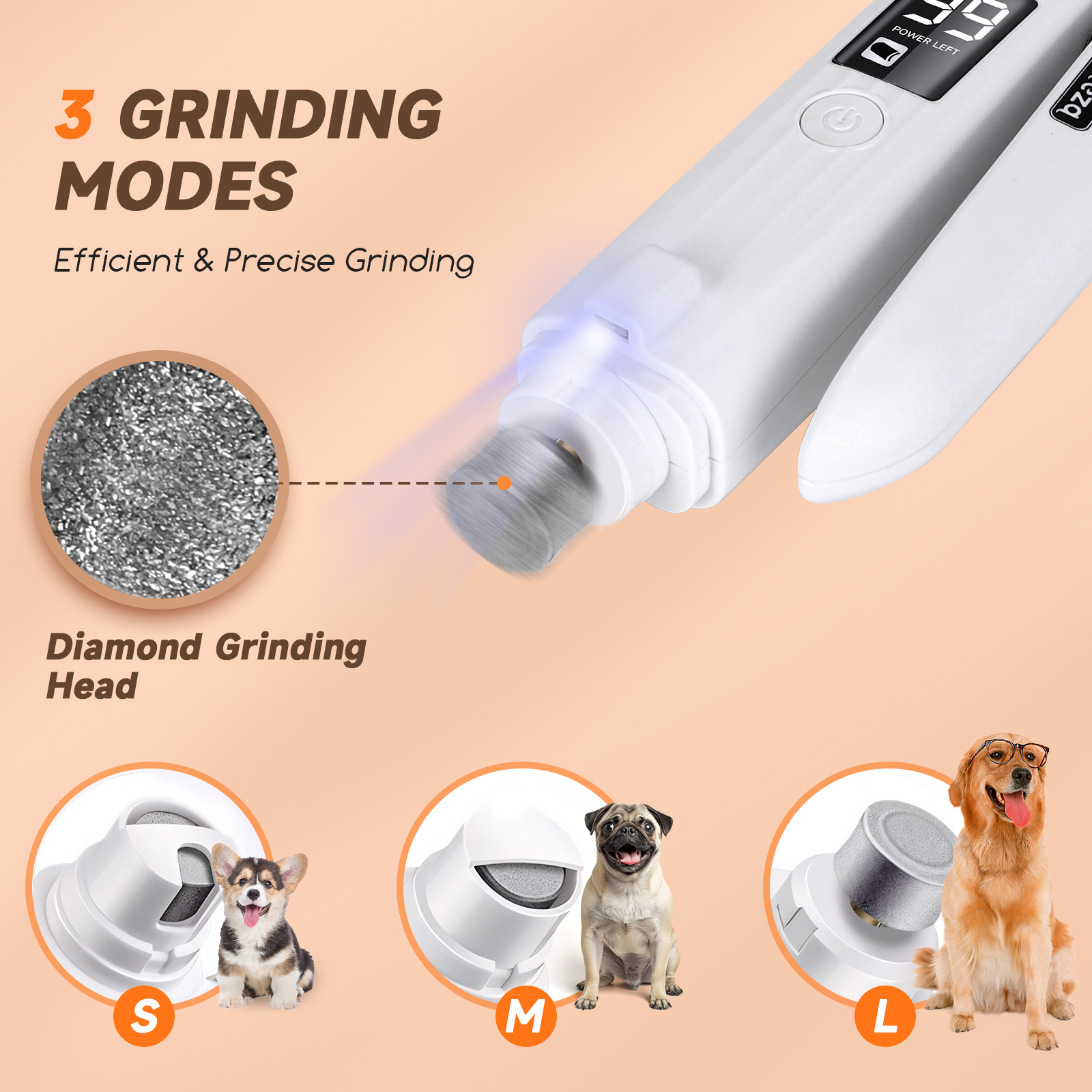 Lijadora de uñas para perros con tres modos de lijado. Imágenes de perros con diferentes tamaños.