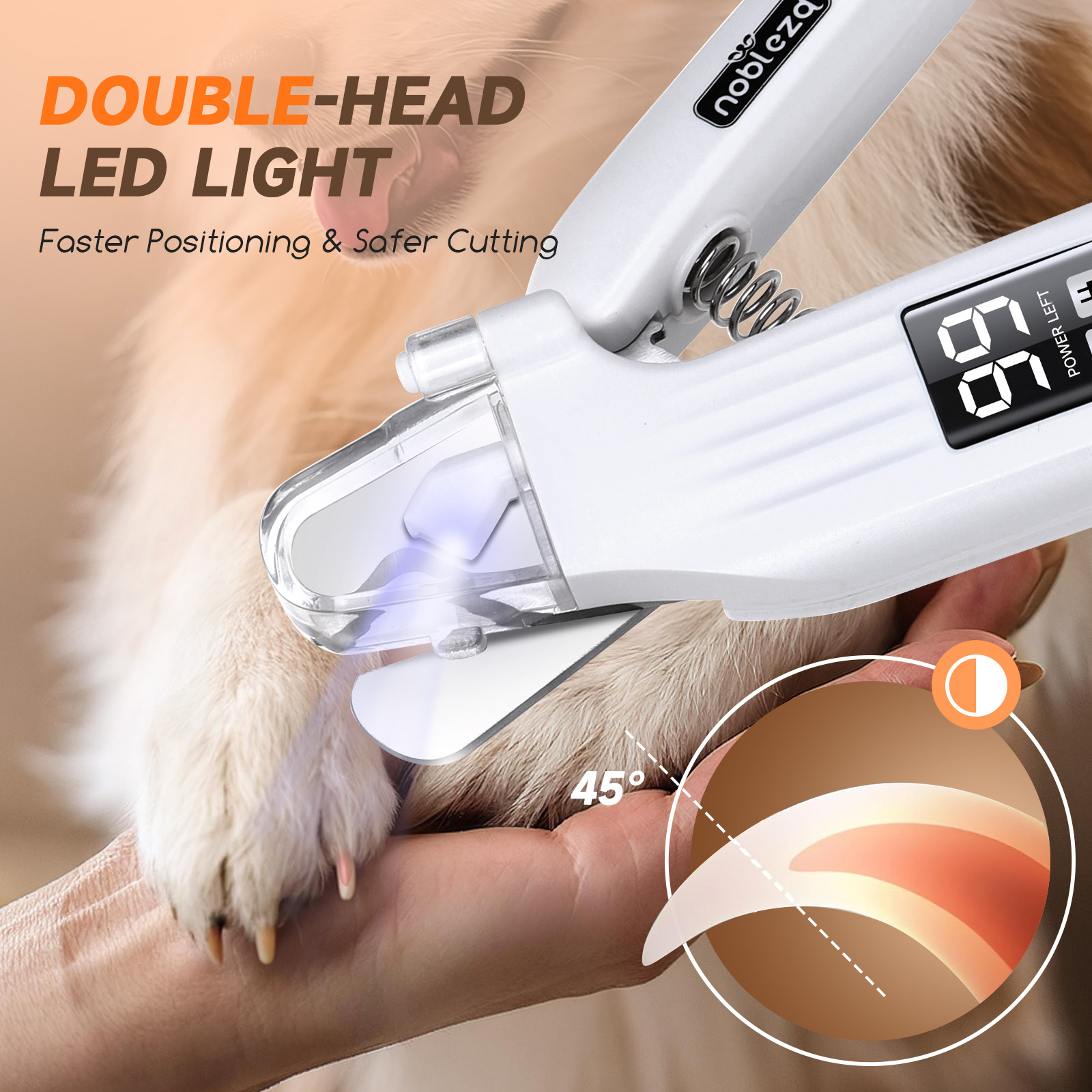 Cortauñas para mascotas con luz LED, mostrado en la pata de una mascota. Incluye una guía de ángulo de 45 grados.