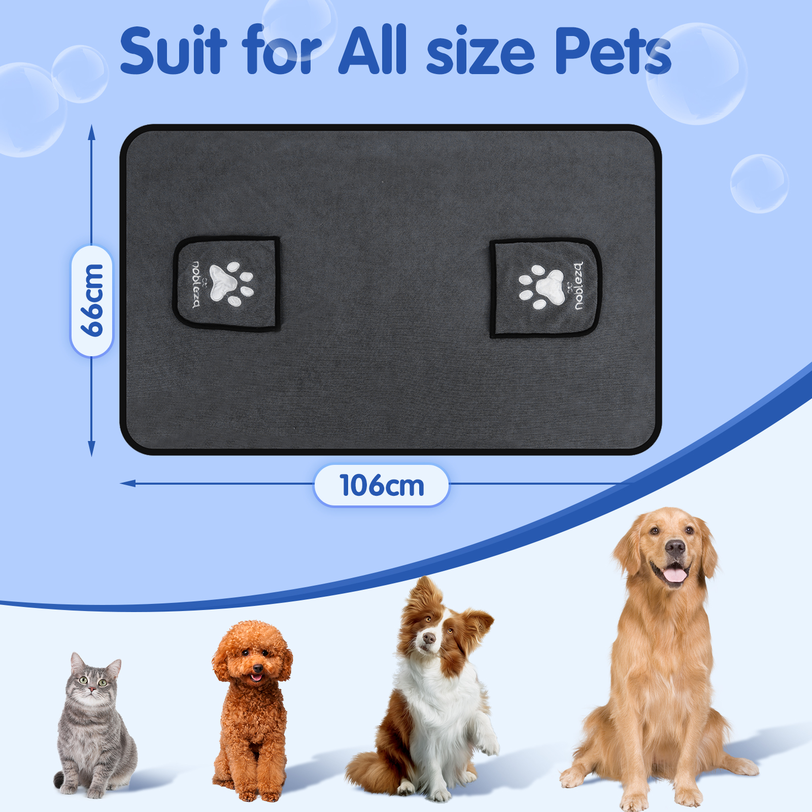 Una alfombra gris para mascotas con huellas de patas, texto y cuatro mascotas: gato, caniche, perro y golden retriever.