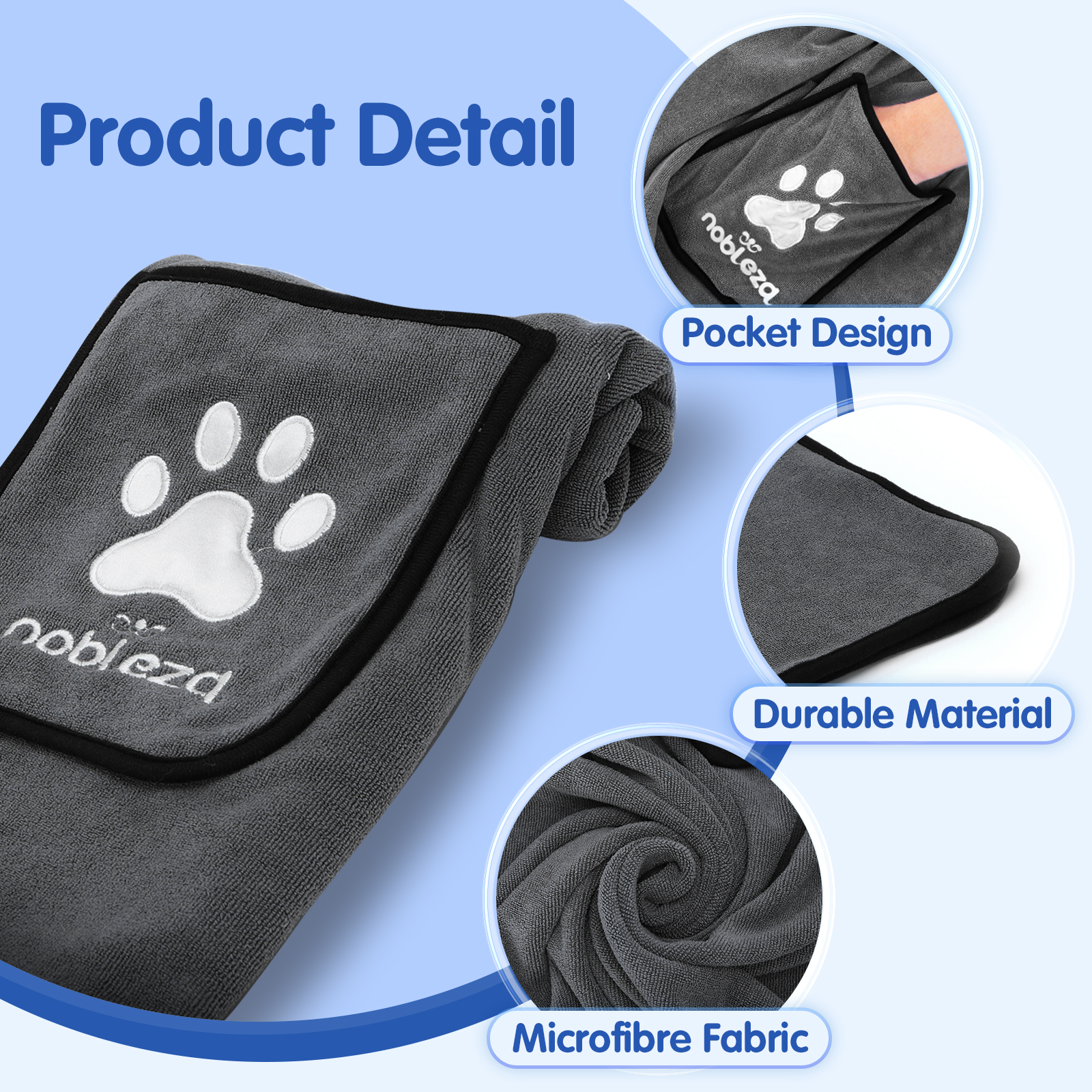 Toalla gris para mascotas con huella de pata y diseño de bolsillo. Microfibra, material duradero.