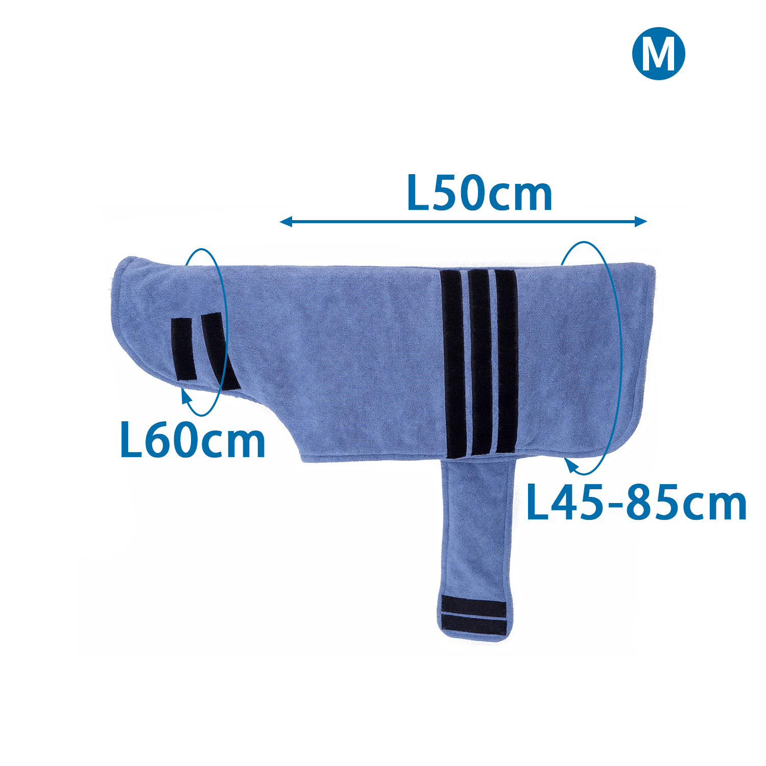 Abrigo secador azul para perros con rayas negras y medidas L50-60cm, L45-85cm.