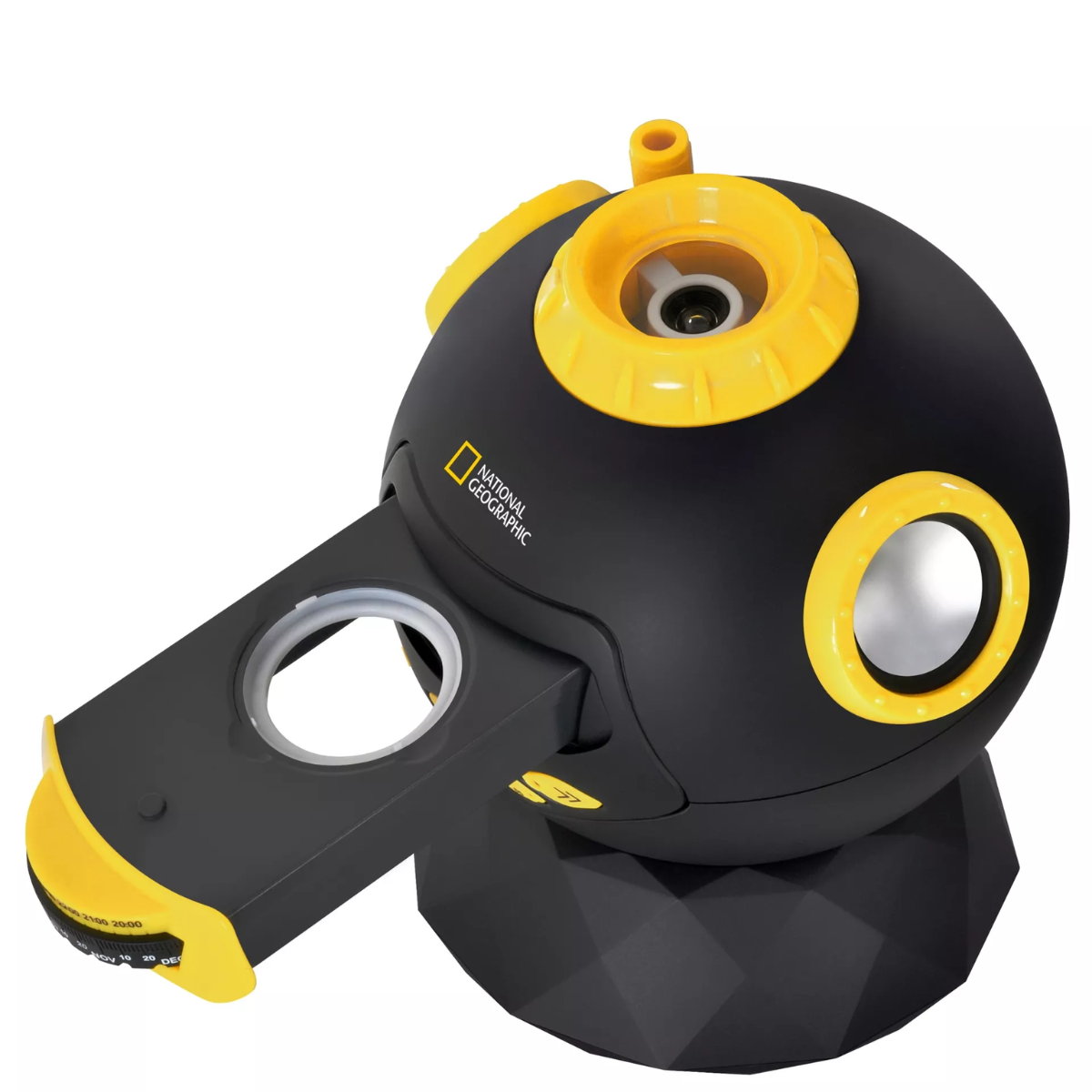 Proiettore per planetario nero e giallo. Ha un corpo rotondo e un braccio lungo e rettangolare.