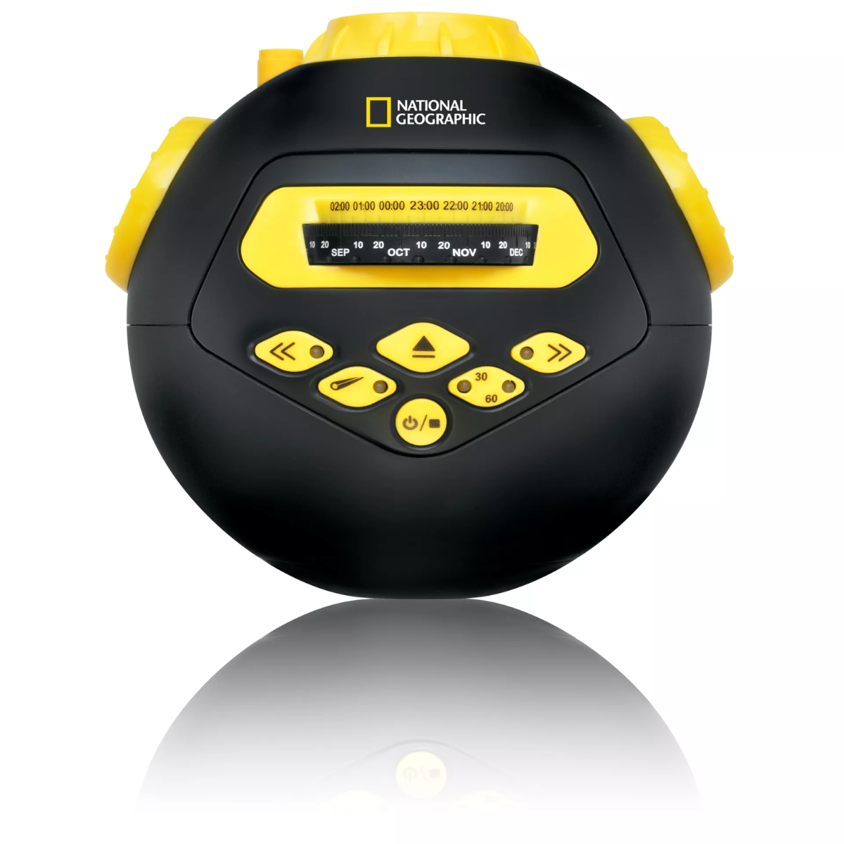 Timer National Geographic nero e giallo. Pulsanti e un display.