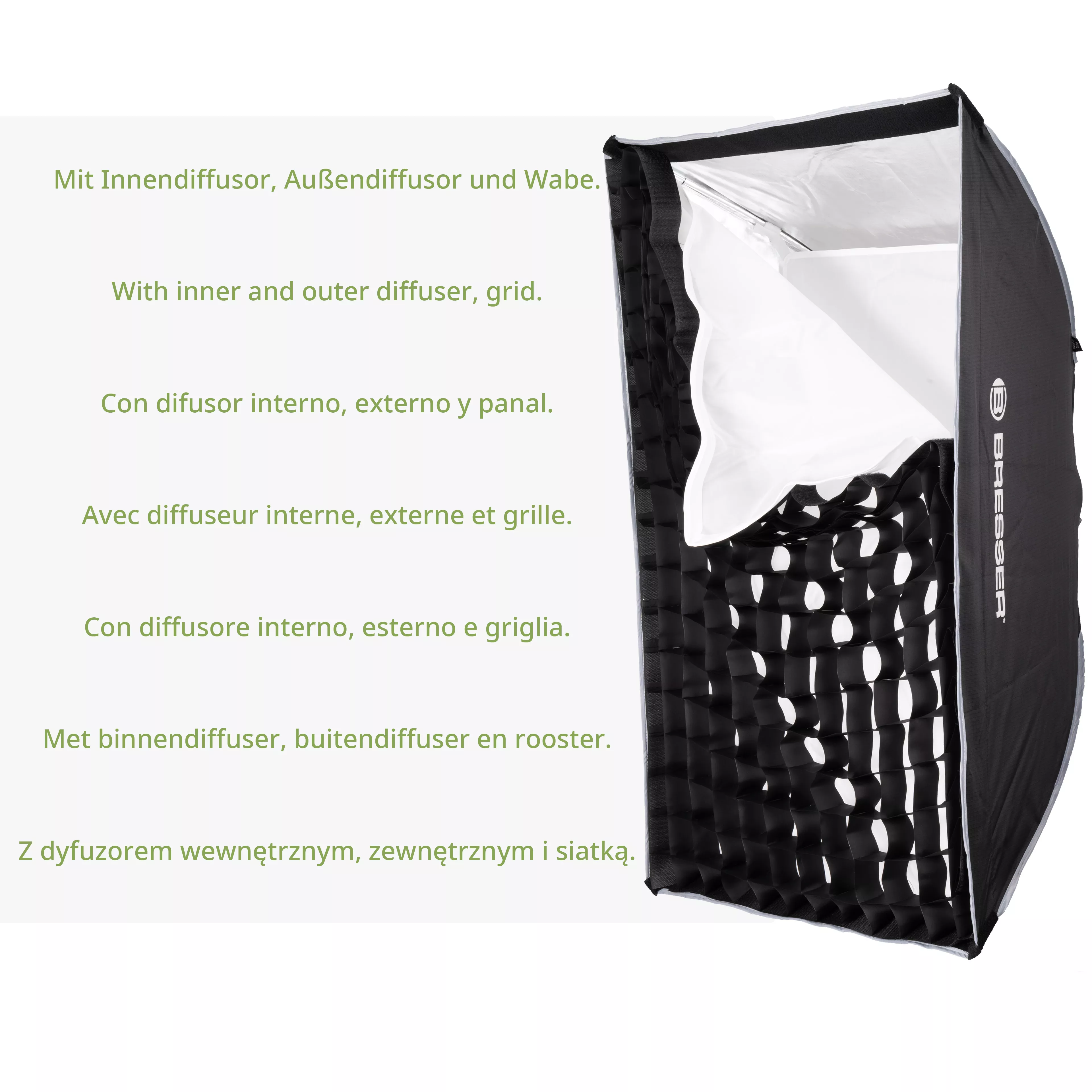 Un softbox con difusor interno y externo, rejilla y fondo blanco, e instrucciones en múltiples idiomas.