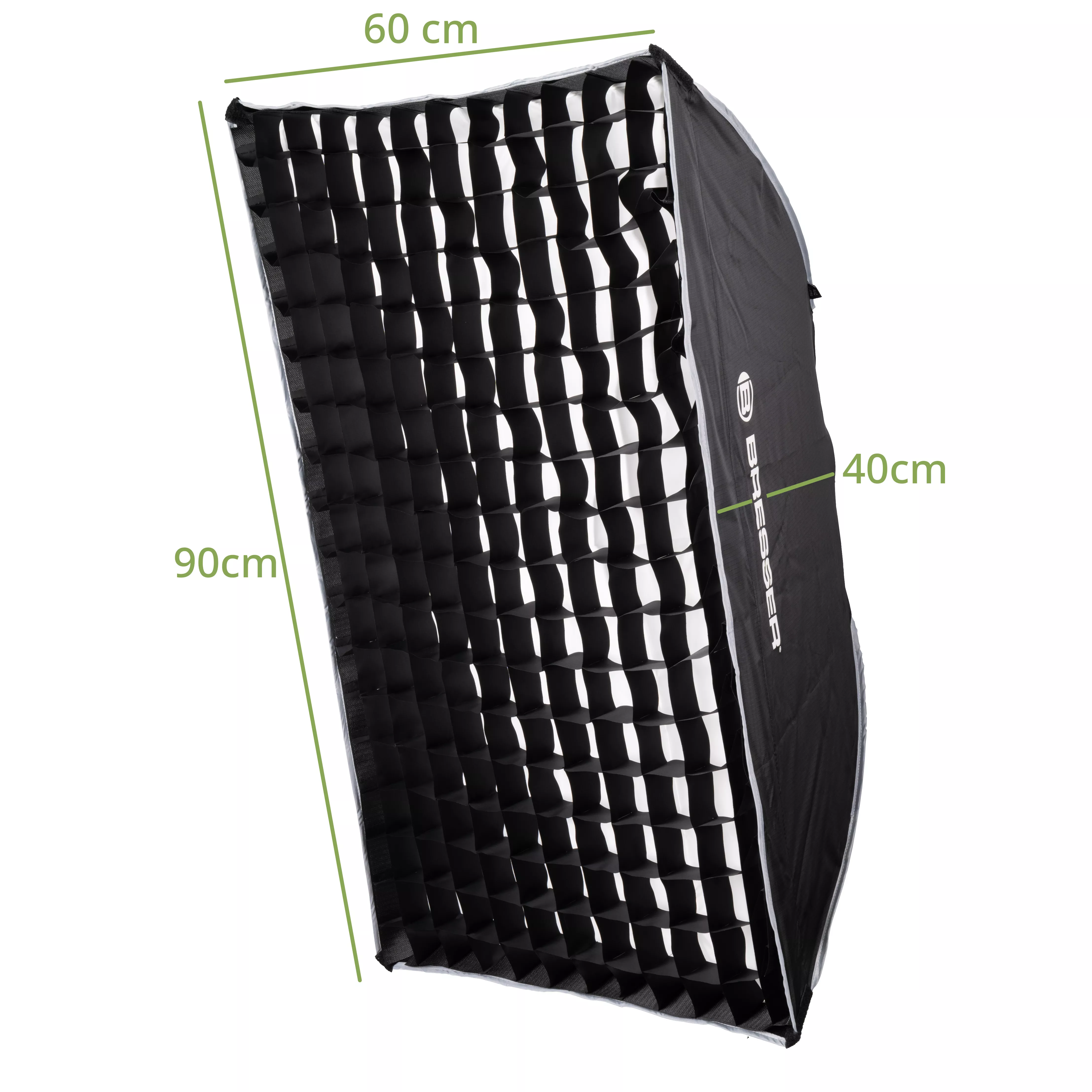 Softbox rectangular negra y blanca, con dimensiones 90x60x40 cm. El frente tiene un patrón de rejilla.