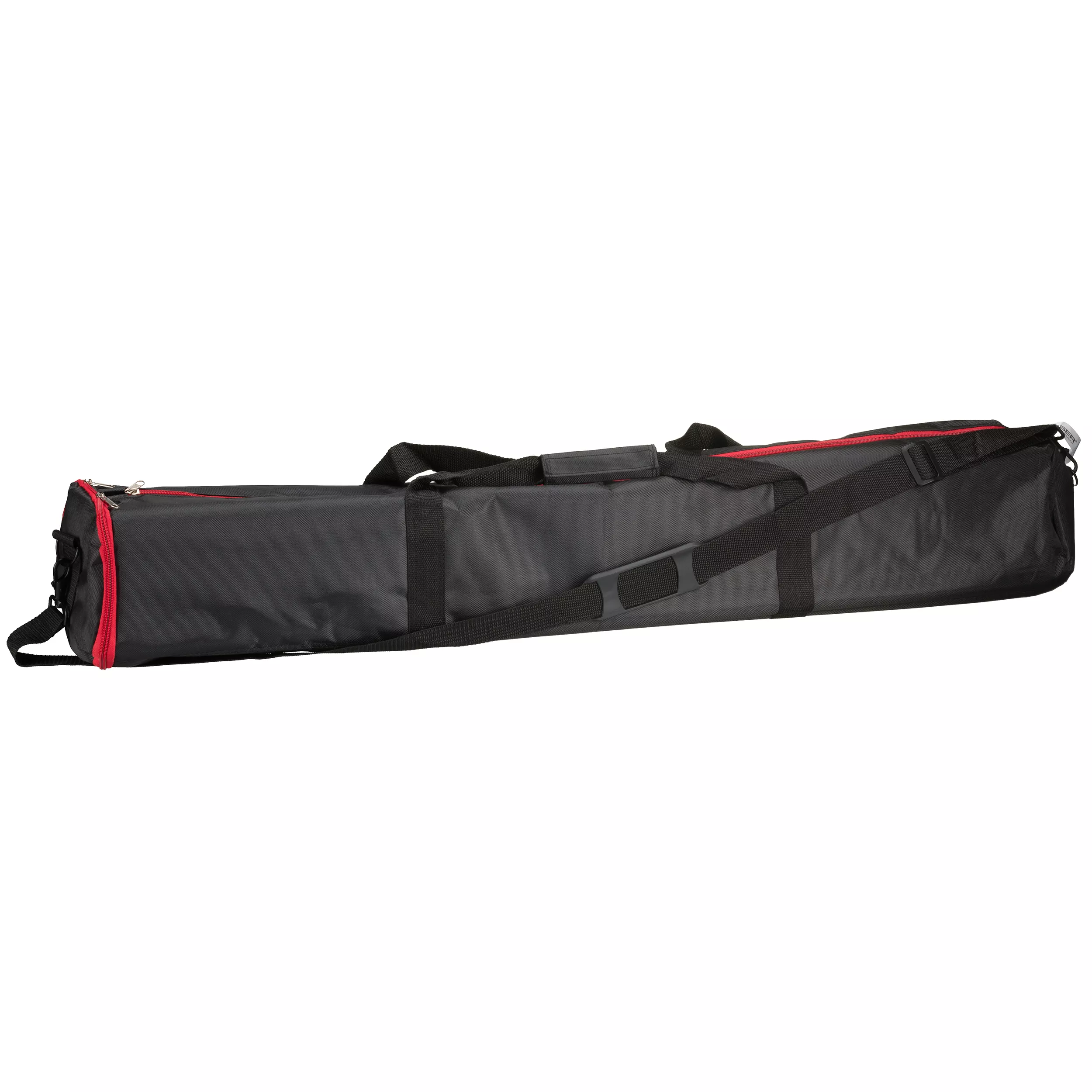 Zwarte tas voor het vasthouden van items. Rode accenten op de rits en randen.