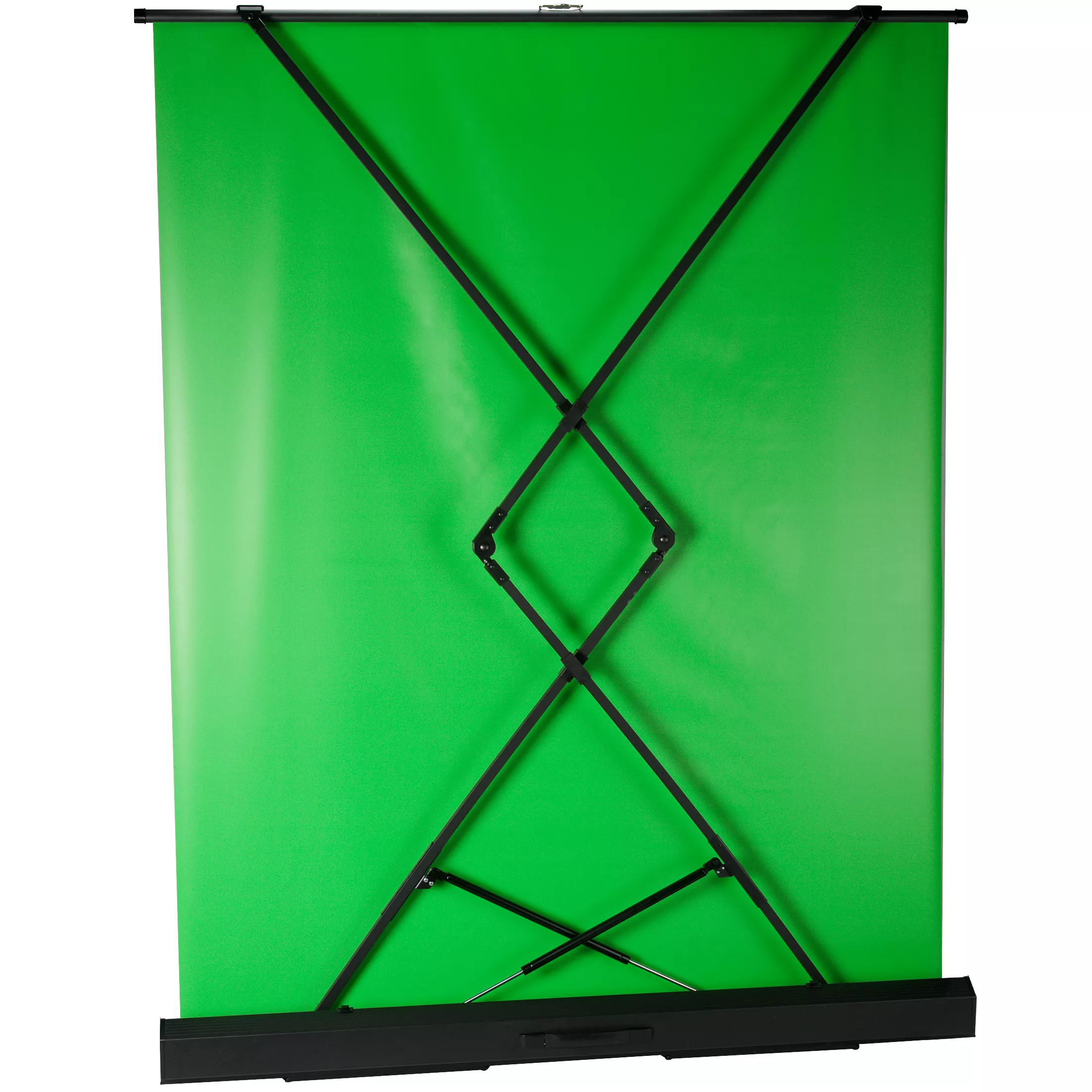 Una pantalla verde con un marco negro. La pantalla está sujeta por un marco plegable negro.