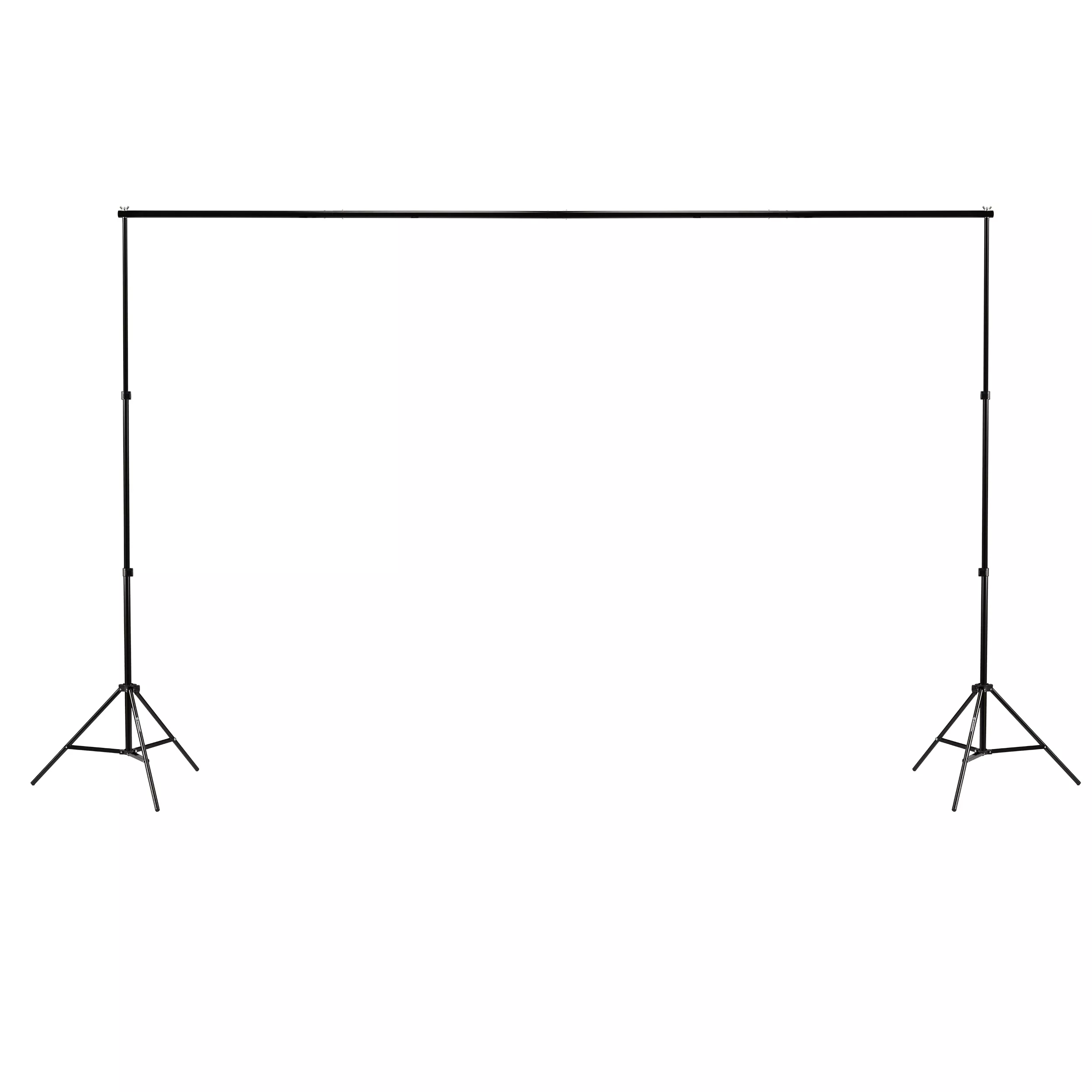 Soporte negro para telón de fondo fotográfico. Dos soportes con barras transversales que sostienen un fondo blanco.
