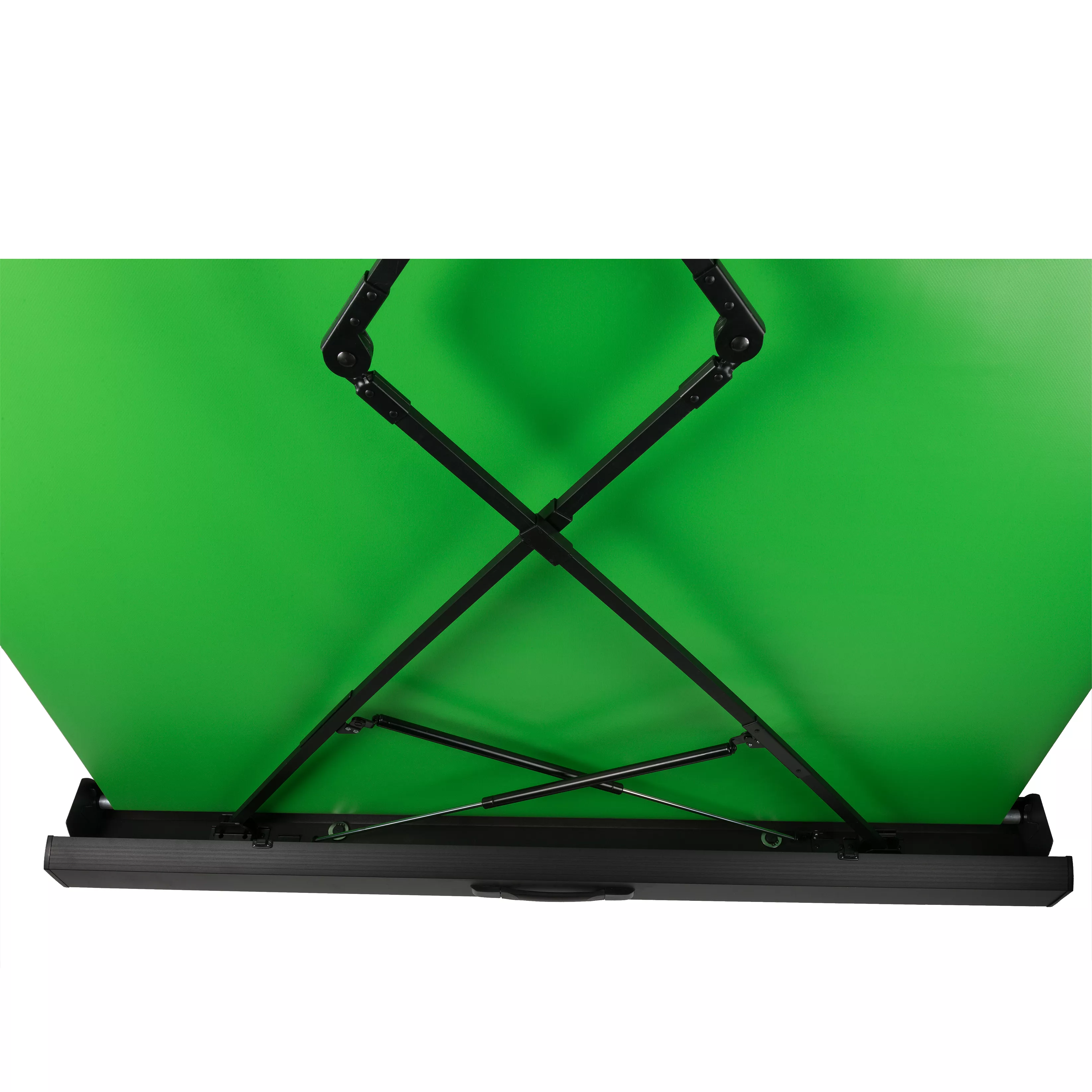 Pantalla verde con estructura de soporte negra. Asa negra en la base.