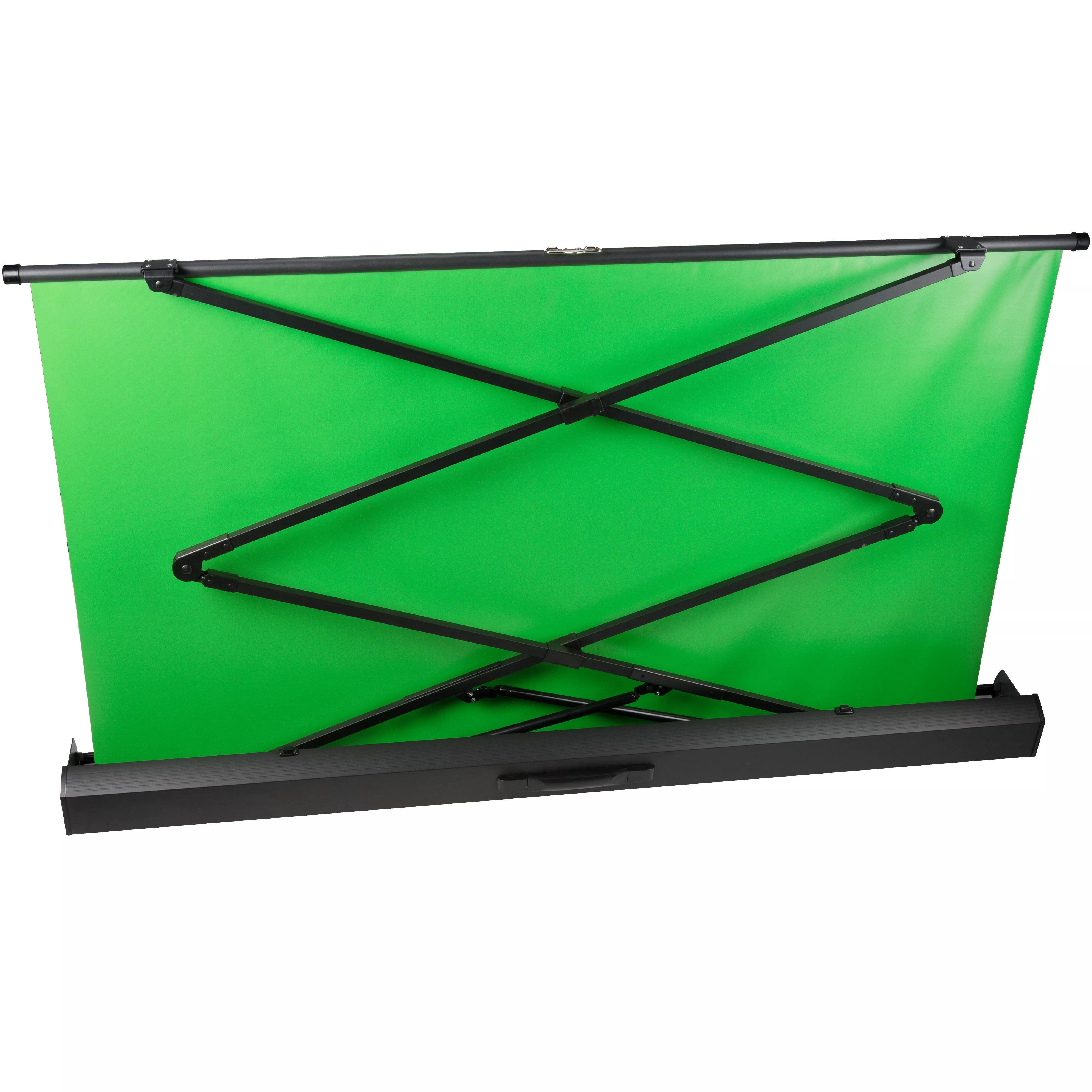 Un telón de fondo verde con un marco negro. La pantalla está extendida y lista para usar. El marco es plegable.