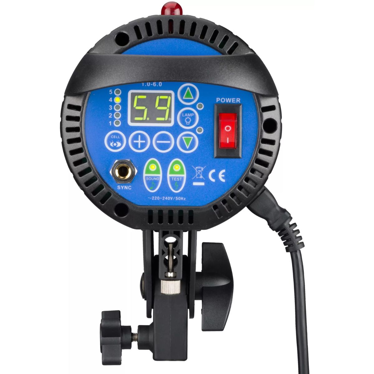 A studio flash with a digital display, power button, and sync port.