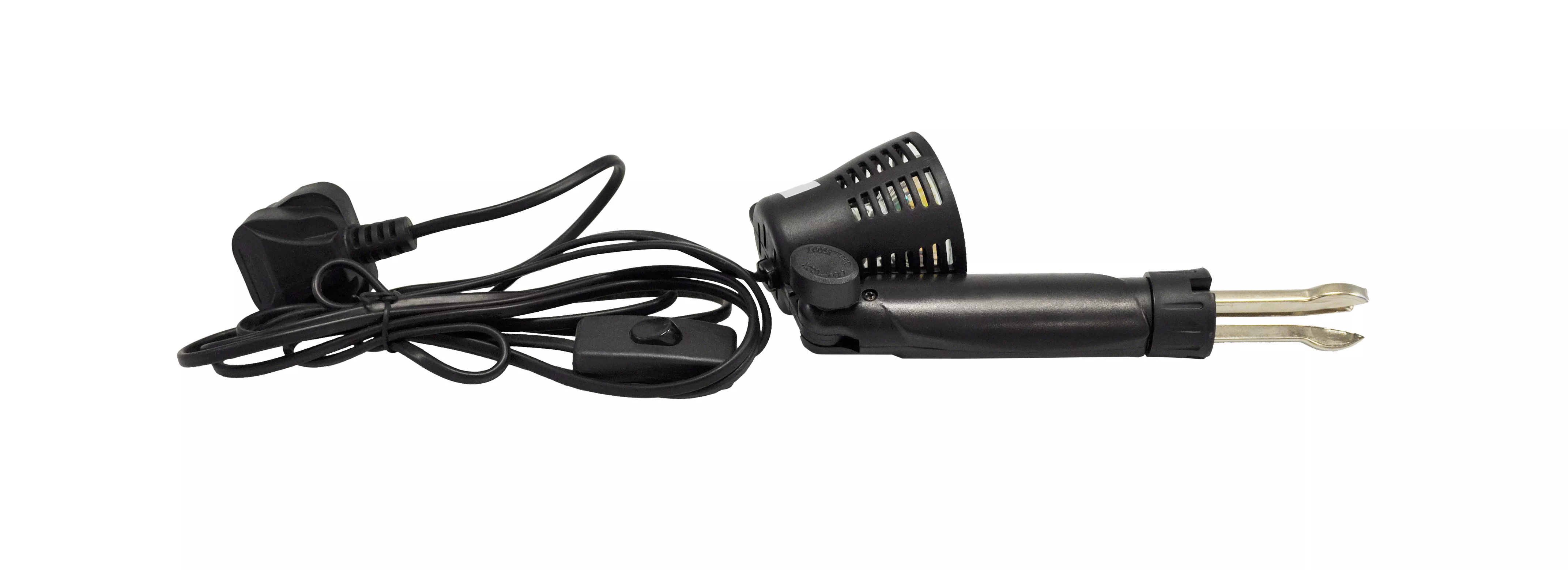 Zwarte tool met licht, kabel en stekker, op witte achtergrond. Het is een soldeerbout.