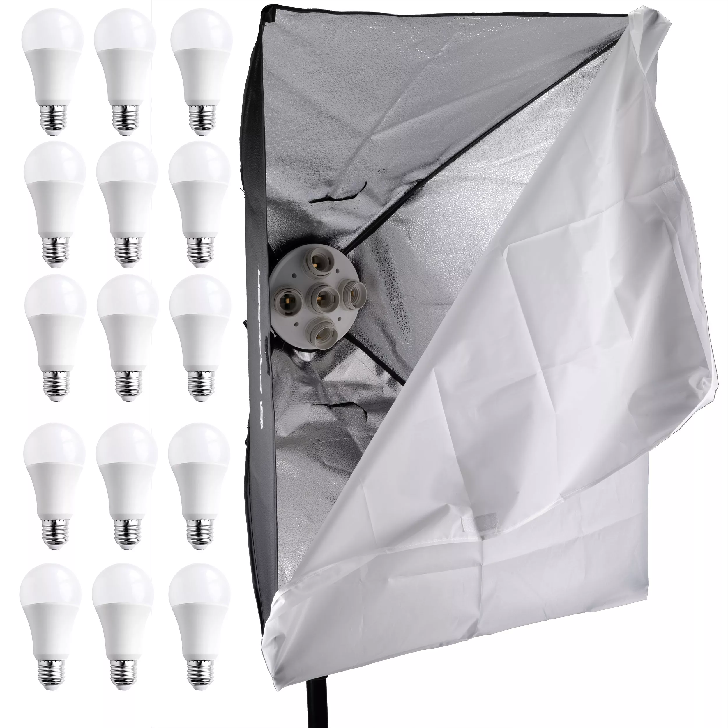Configuración de luces de estudio fotográfico con bombillas y una softbox. Se incluyen múltiples bombillas.