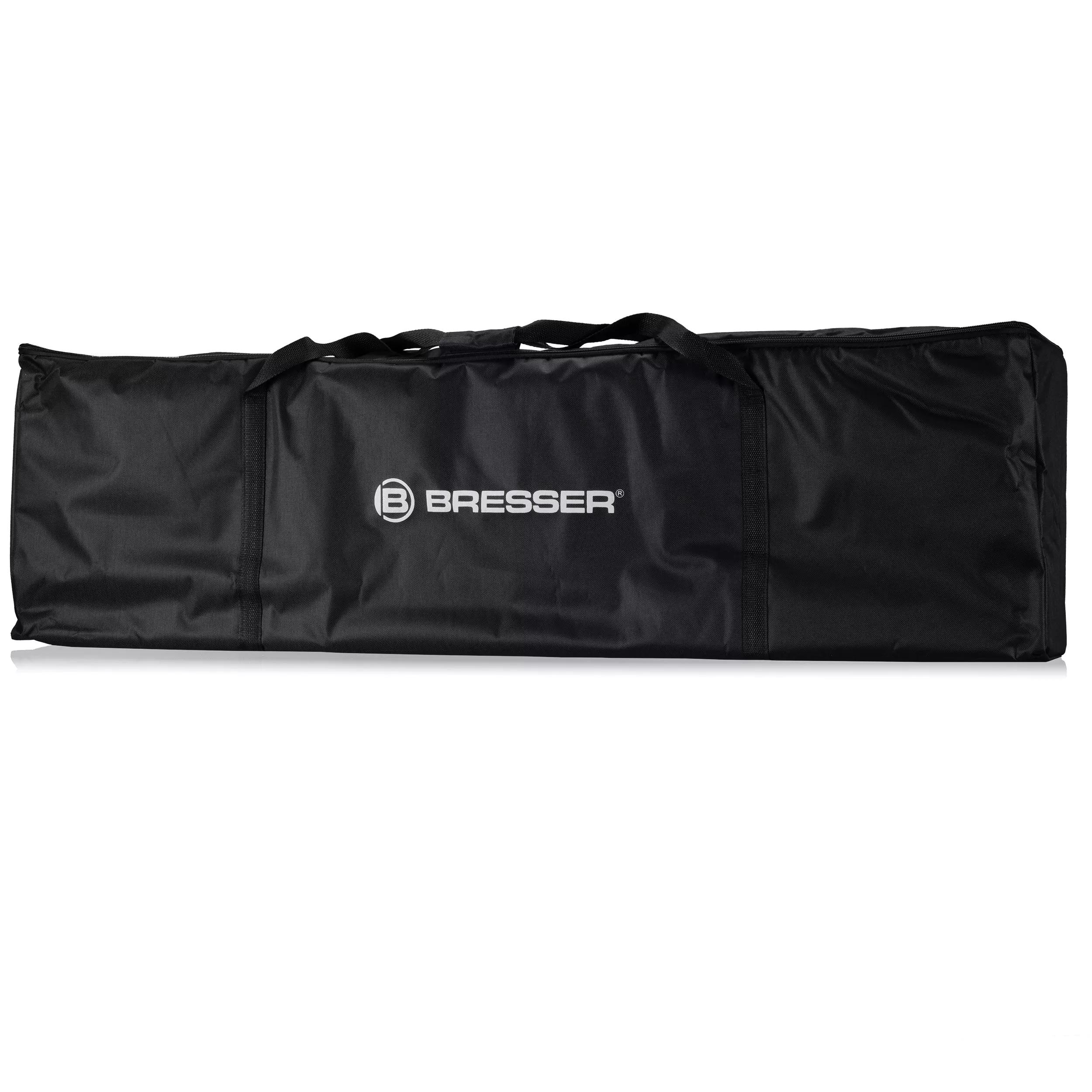 Bolsa de transporte negra para un trípode Bresser, con el logo de Bresser.