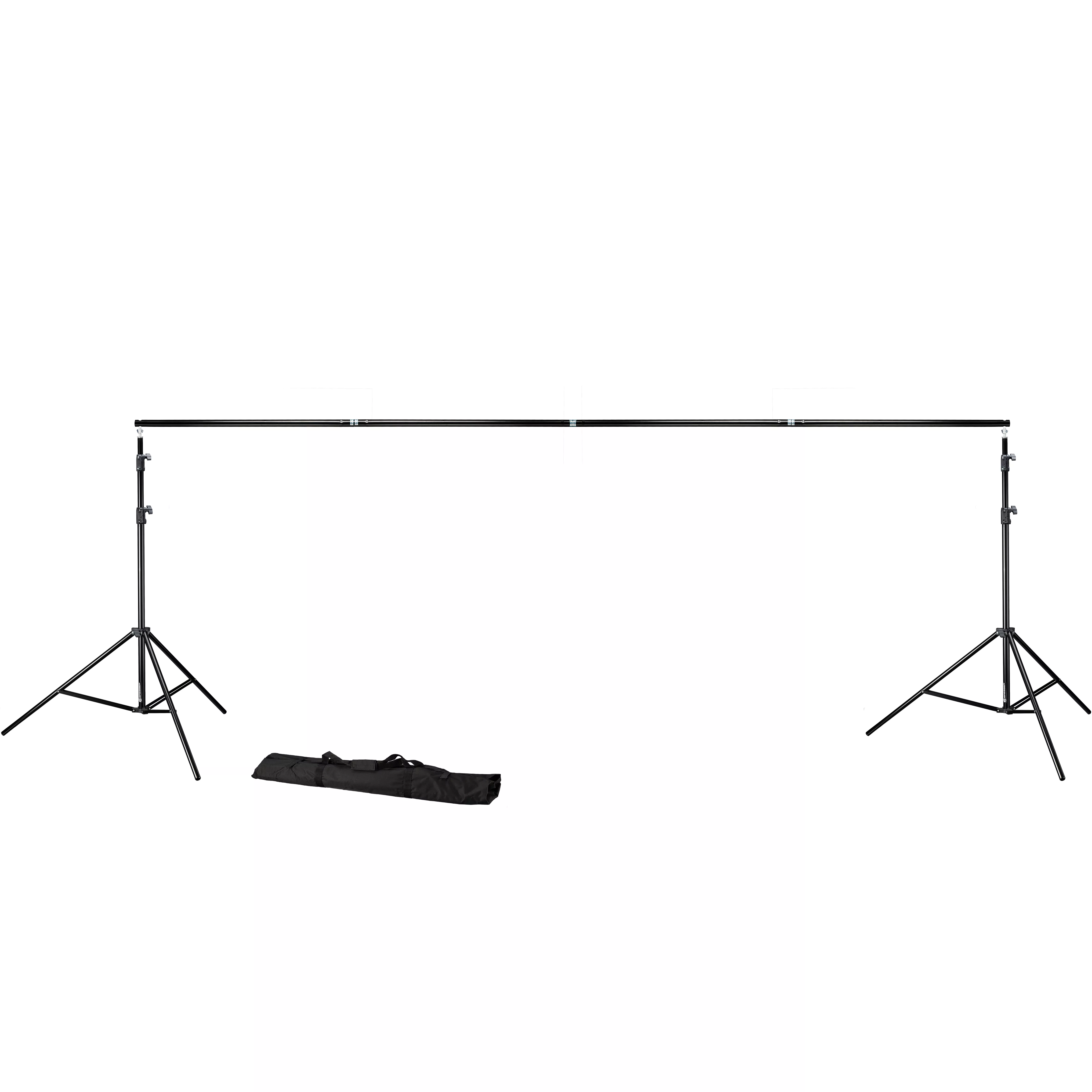 Zwart fotostatief, met twee statieven, een dwarsbalk en een zwarte draagtas.