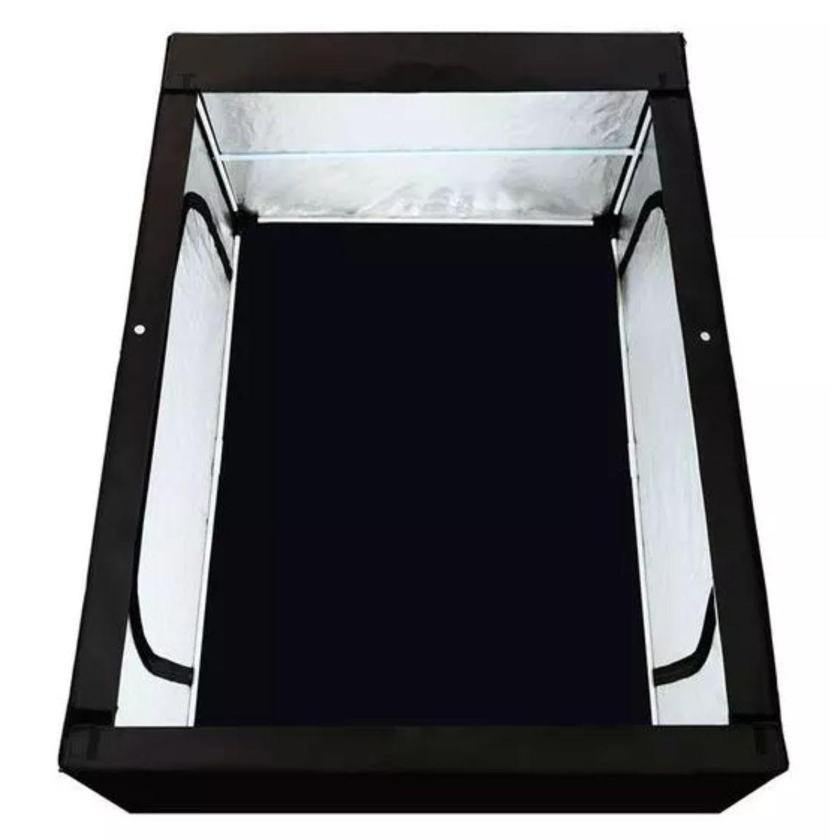 Zwarte kweektent, open, zwart interieur, zilveren reflecterende voering aan de binnenwanden.