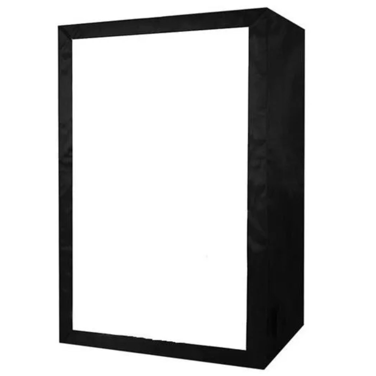Zwarte fotolichtbox met wit interieur. Het heeft een rechthoekige vorm.