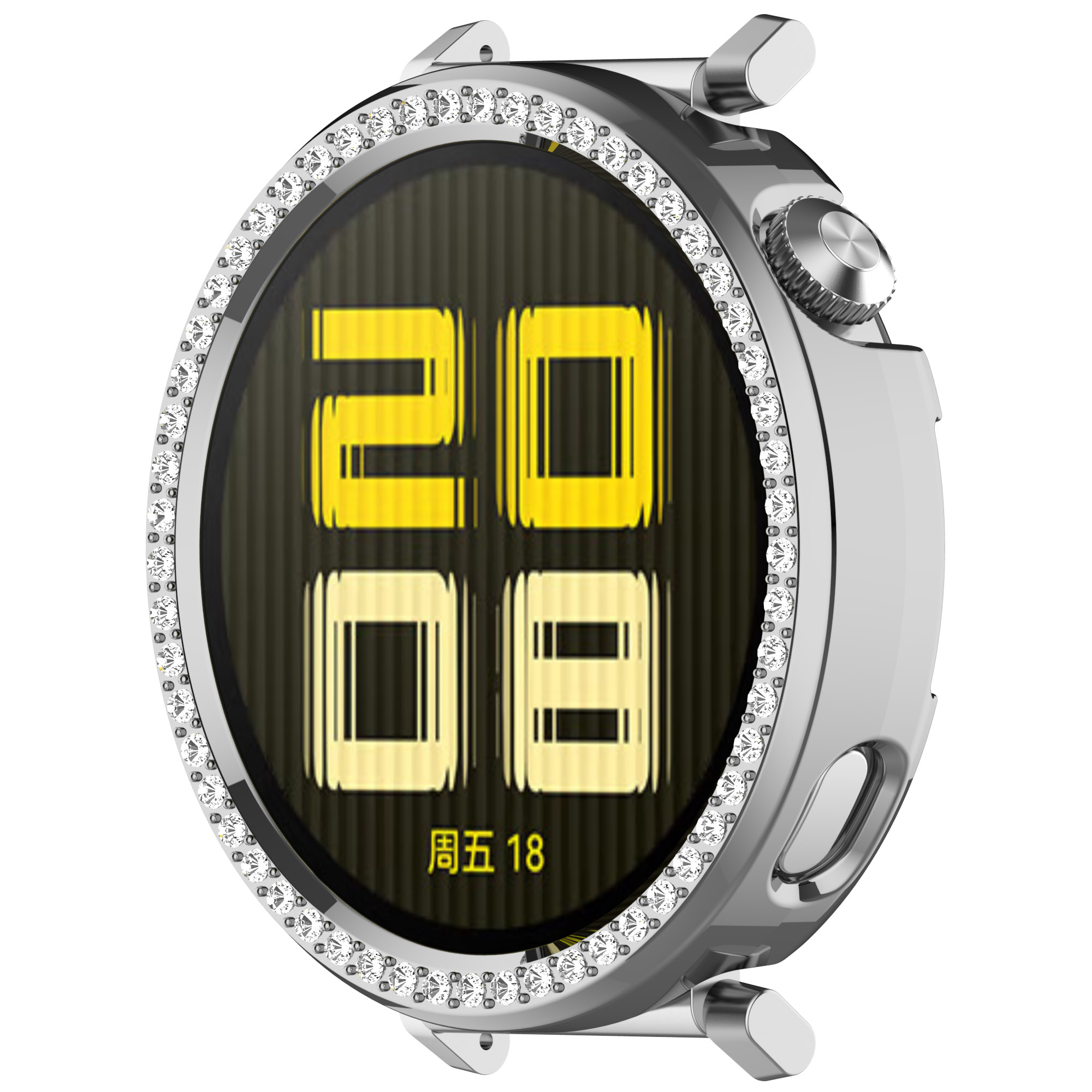 Una custodia per smartwatch argentata con un display che mostra l'ora e la data.
