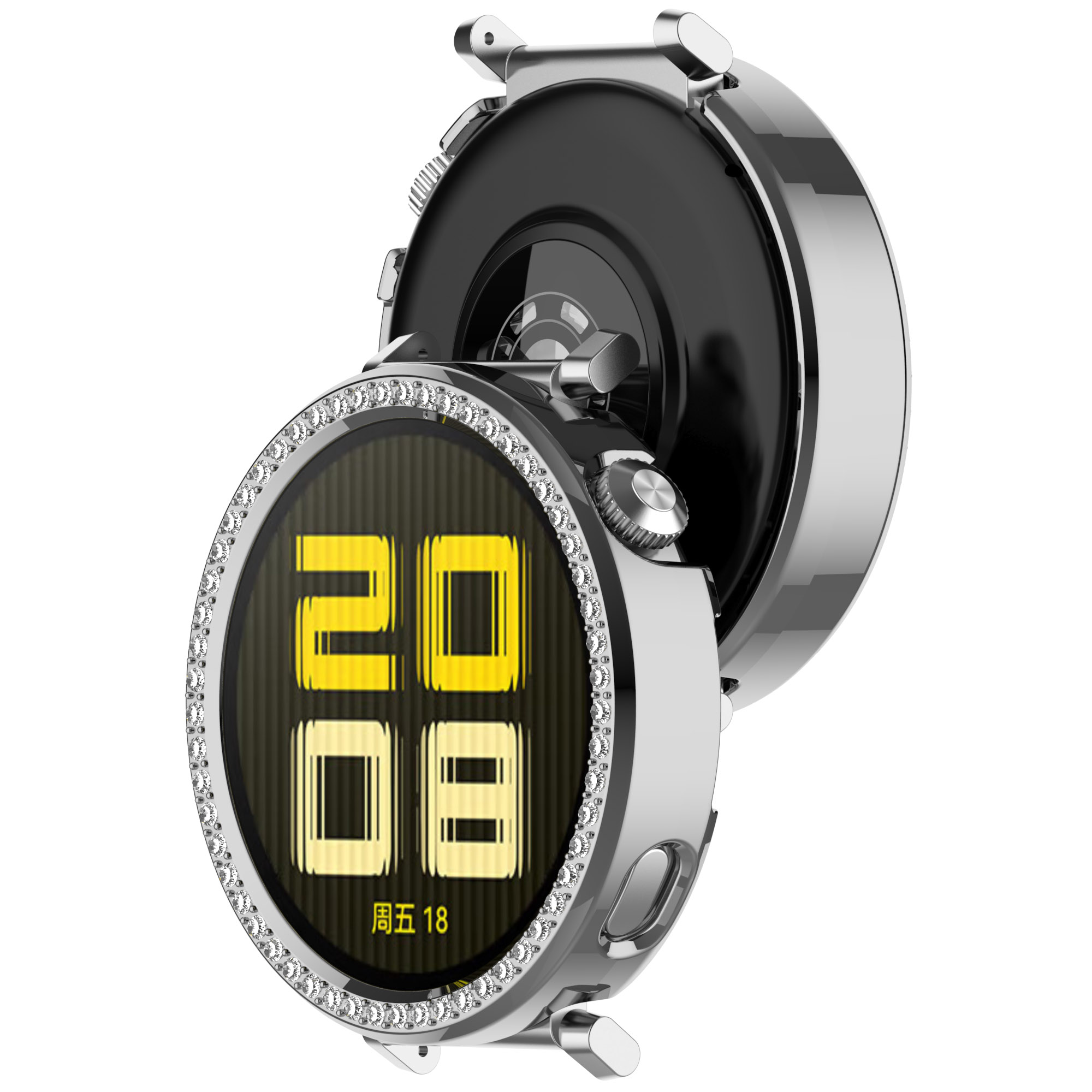 Una custodia per smartwatch argentata con display che mostra ora e data.