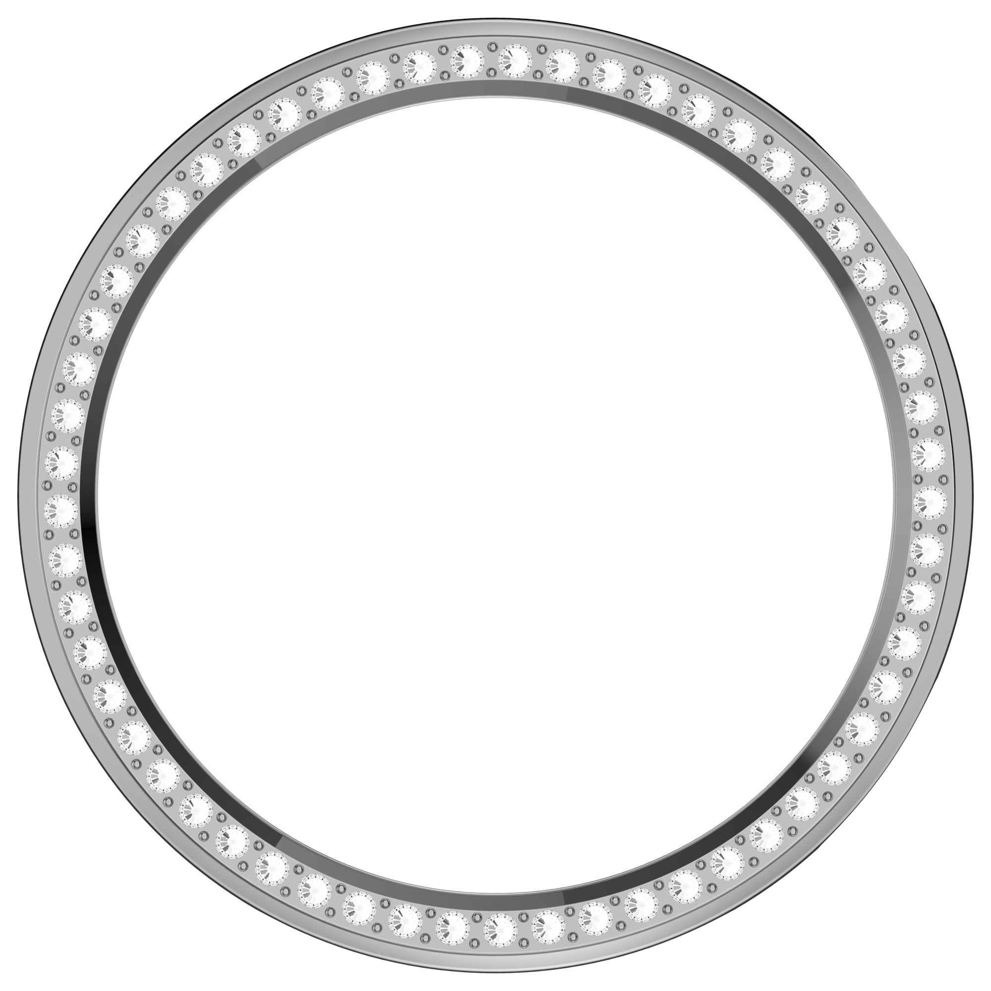 Una lunetta argentata con strass attorno al bordo. Lo sfondo è bianco.